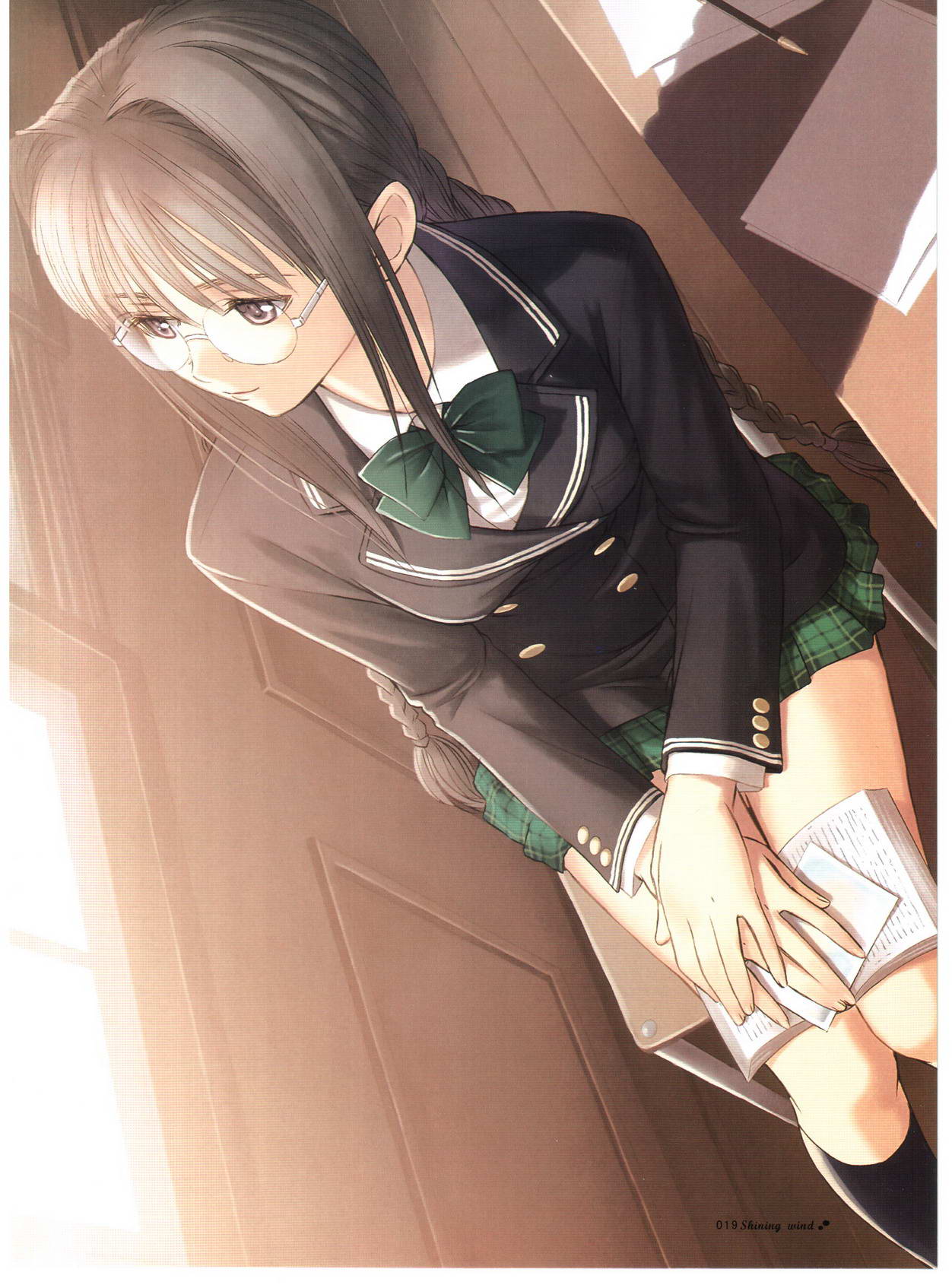 tony taka, hiruda reia, sega, shining (series), shining wind, plaid, highres, non-web source, scan, 1girl, black hair, blazer, book, bow, bowtie, braid, brown hair, buttons, chair, double-breasted, female focus, glasses, hair intakes, jacket, kneehighs, legs, long hair, pink eyes, ponytail, school uniform, sitting, skirt, smile, socks, solo, thighs, twin braids, window