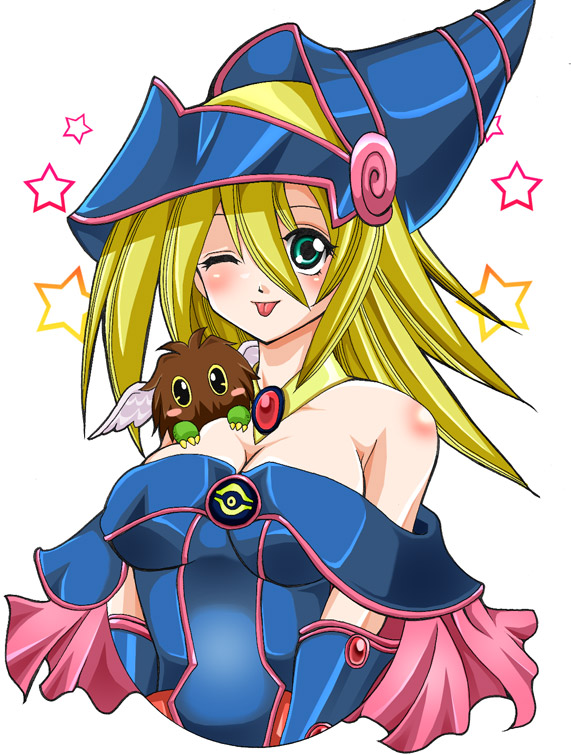 kuro (pixiv245574), dark magician girl, kuriboh, winged kuriboh, yu-gi-oh!, yu-gi-oh! duel monsters, bad id, bad pixiv id, :p, ;p, bare shoulders, blonde hair, blush, detached sleeves, duel monster, green eyes, hat, long hair, monster, one eye closed, solo, tongue, tongue out, wink, witch hat