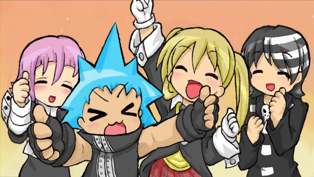 black star, crona (soul eater), death the kid, maka albarn, lucky star, motteke! serafuku, soul eater, 1girl, 2boys, androgynous, black hair, blonde hair, gloves, hat, multiple boys, necktie, parody, thumbs up, twintails
