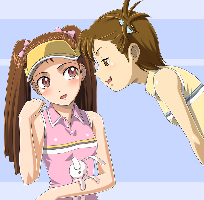 muhi11234, futami mami, minase iori, idolmaster, idolmaster (classic), idolmaster 1, visor, 00s, 2girls, blush, brown eyes, brown hair, hair ribbon, long hair, multiple girls, rabbit, ribbon, shirt, short hair, side ponytail, sleeveless, sleeveless shirt, sportswear, stuffed animal, stuffed rabbit, stuffed toy, tennis uniform, twintails, visor cap