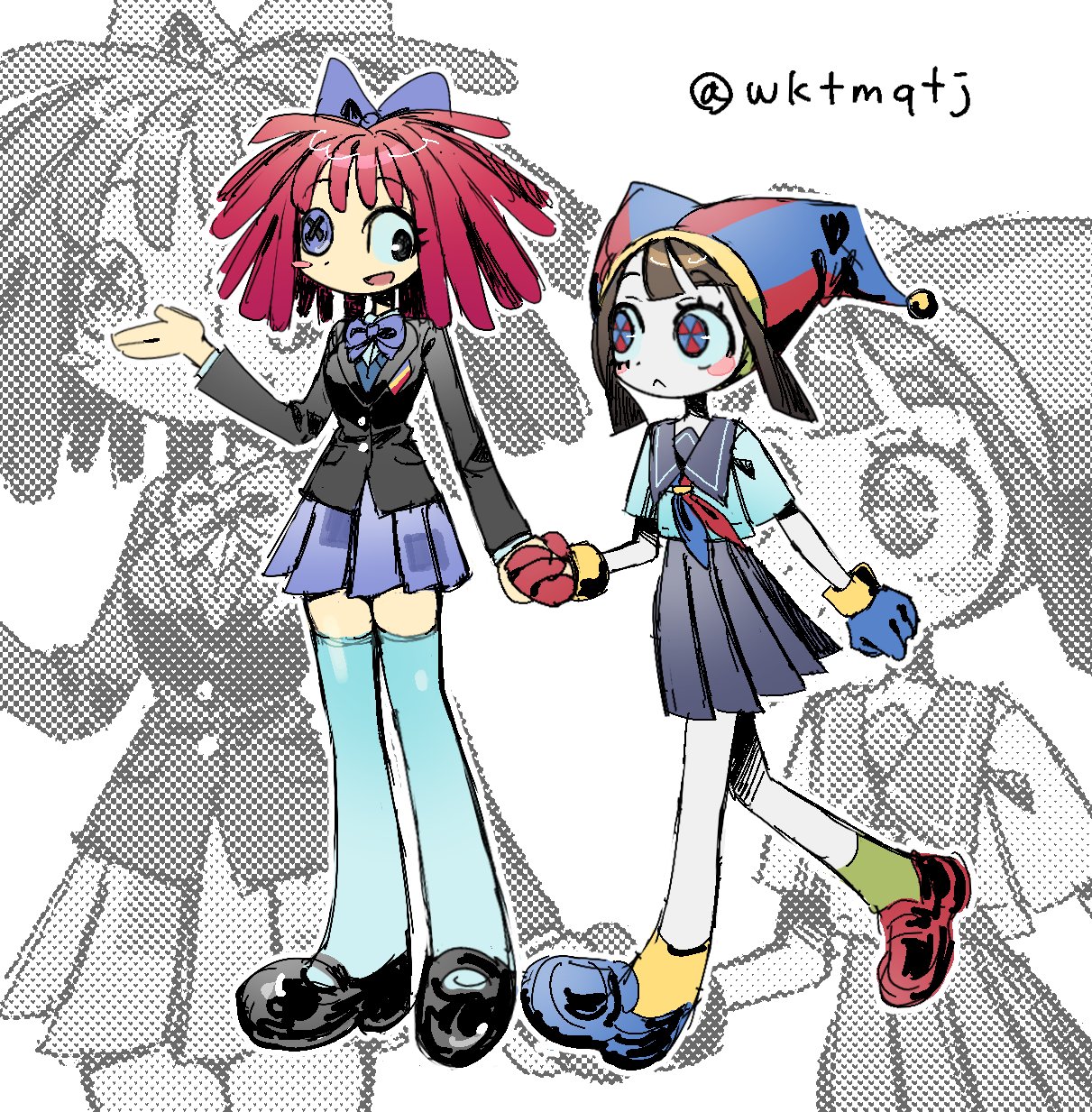 wktmqtj, pomni (the amazing digital circus), ragatha (the amazing digital circus), the amazing digital circus, highres, 2girls, :<, :d, ankle boots, asymmetrical footwear, bare legs, black eyes, black jacket, black sailor collar, black shoes, black skirt, blue eyes, blue gloves, blue hat, blue shirt, blue shoes, blue sweater, blue thighhighs, blunt bangs, blush stickers, boots, bow, bowtie, breasts, brown hair, buttons, closed mouth, collared shirt, colored skin, fewer digits, flat chest, full body, gloves, hair bow, halftone, halftone background, hat, high-waist skirt, holding hands, jacket, jester cap, layered sleeves, loafers, long sleeves, looking at another, mary janes, medium breasts, medium hair, miniskirt, mismatched footwear, multicolored eyes, multiple girls, official alternate costume, open mouth, outline, pleated skirt, purple bow, purple bowtie, purple skirt, red bow, red eyes, red gloves, red hat, red shoes, sailor collar, school uniform, shirt, shoes, short hair, short sleeves, simple background, single blush sticker, skirt, smile, socks, standing, standing on one leg, striped clothes, striped hat, striped headwear, sweater, thighhighs, twitter username, two-tone eyes, two-tone hat, two-tone headwear, vertical-striped clothes, vertical-striped headwear, walking, white background, white outline, white shirt, white skin, yellow socks, zettai ryouiki, zoom layer