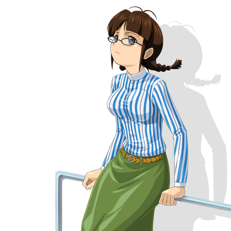 muhi11234, akizuki ritsuko, idolmaster, idolmaster (classic), idolmaster 1, 00s, 1girl, antenna hair, belt, braid, breasts, brown eyes, brown hair, female focus, glasses, looking up, medium breasts, on railing, railing, shadow, shirt, skirt, solo, striped clothes, striped shirt, twin braids, vertical-striped clothes, vertical-striped shirt