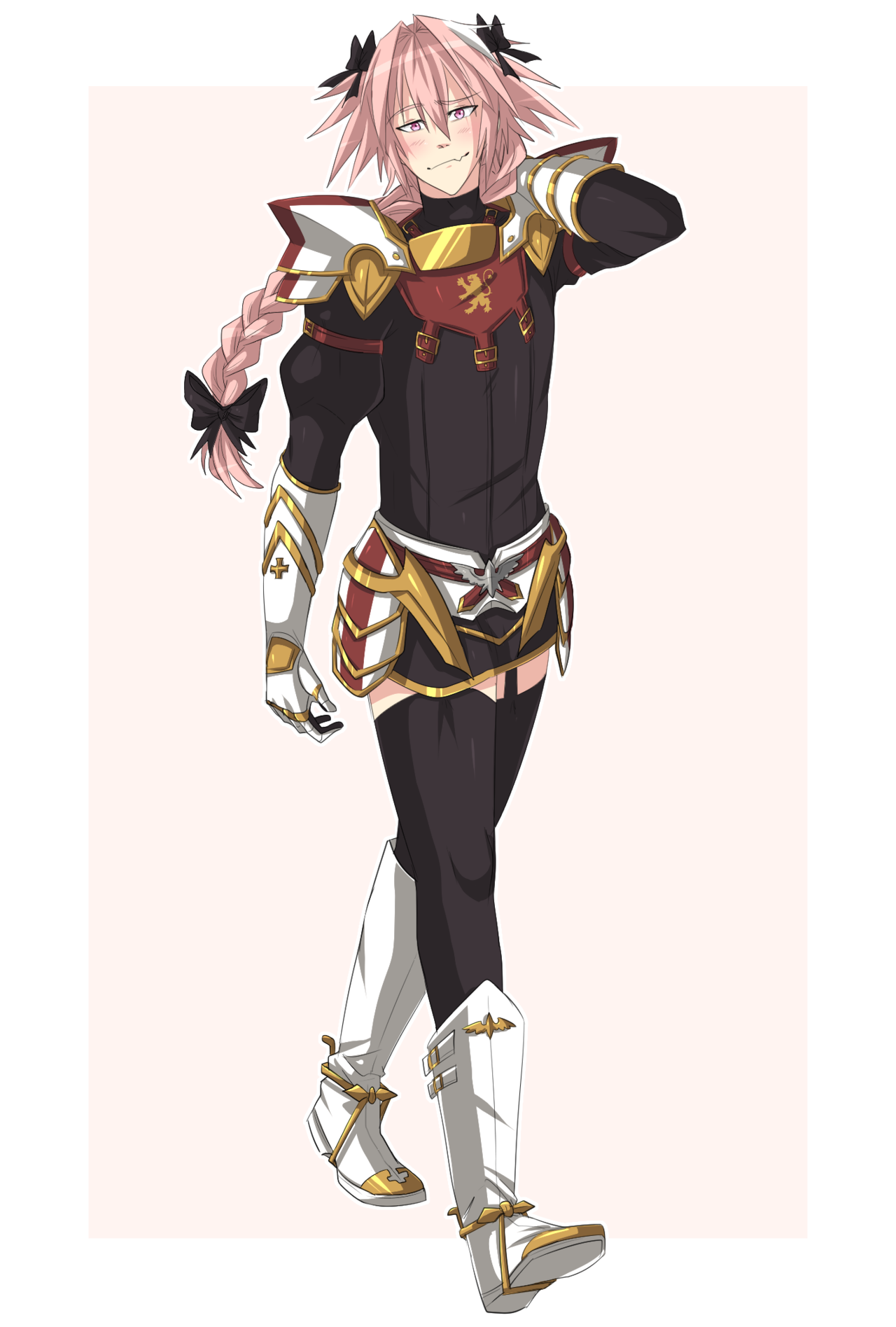 hiffuu, astolfo (fate), fate/apocrypha, fate (series), highres, 1boy, androgynous, armored skirt, black bow, black garter straps, black sweater, black thighhighs, blush, boots, bow, braid, cape, closed mouth, fang, full body, fur-trimmed cape, fur trim, garter straps, gauntlets, gorget, hair bow, hair intakes, long hair, male focus, multicolored hair, pink eyes, pink hair, riding boots, single braid, skin fang, smile, solo, spurs, streaked hair, sweater, thighhighs, two-sided cape, two-sided fabric, white boots, white cape, white hair, zettai ryouiki