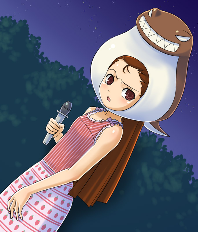 inu (aerodog), muhi11234, minase iori, idolmaster, idolmaster (classic), idolmaster 1, striped, 1girl, blush, brown eyes, brown hair, cosplay, dutch angle, female focus, food print, fruit print, long hair, microphone, nature, sleeveless, solo, strawberry print, traditional youkai, tsuchinoko, vertical stripes