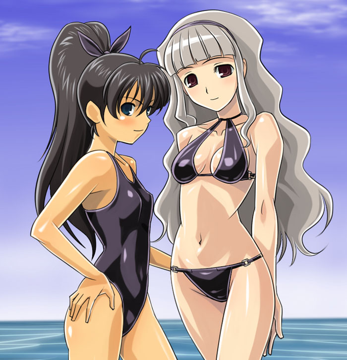 muhi11234, ganaha hibiki, shijou takane, idolmaster, idolmaster (classic), idolmaster 1, silver hair, 00s, 2girls, arms behind back, beach, bikini, black hair, blue eyes, blush, breasts, day, hair ribbon, hairband, long hair, medium breasts, multiple girls, navel, one-piece swimsuit, outdoors, ponytail, purple eyes, ribbon, school swimsuit, sky, swimsuit