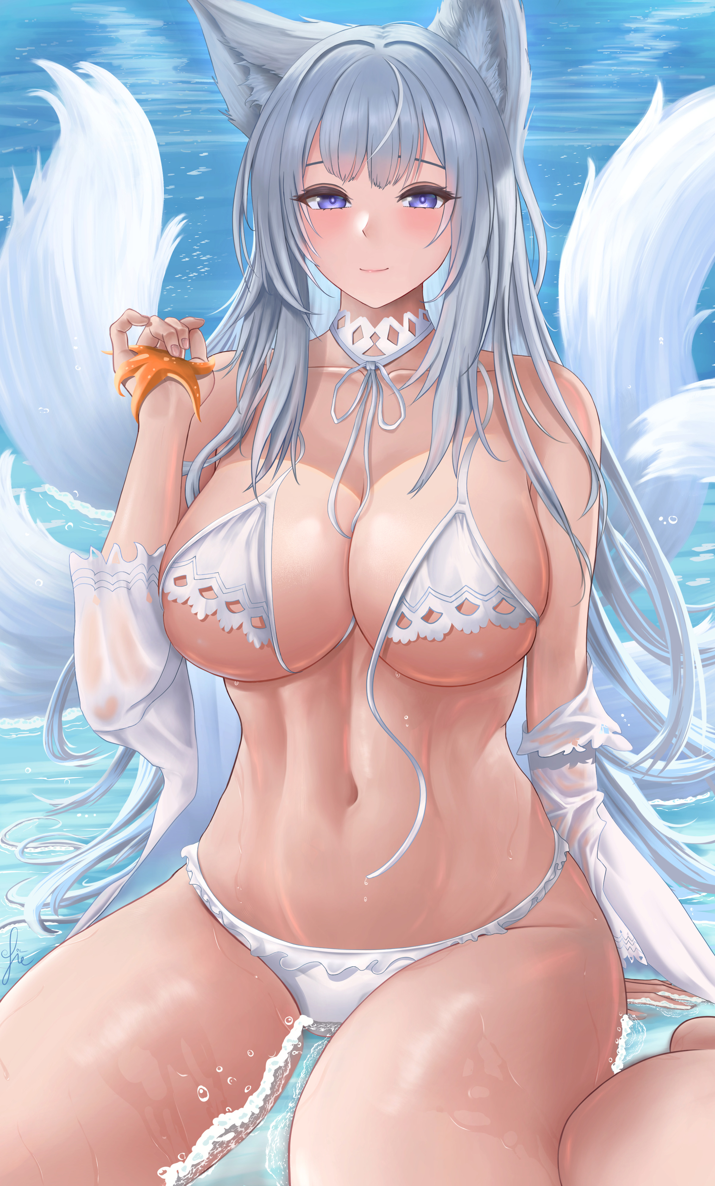 fie nanoo, shinano (azur lane), shinano (dreamy white sands) (azur lane), azur lane, absurdres, commentary, english commentary, highres, 1girl, animal, animal ear fluff, animal ears, bikini, breasts, cleavage, collarbone, detached sleeves, fox ears, fox girl, fox tail, grey hair, holding, holding animal, kitsune, kyuubi, large breasts, large tail, long hair, looking at viewer, multiple tails, navel, official alternate costume, solo, starfish, swimsuit, tail, untied bikini top, very long hair, water, white bikini, white tail