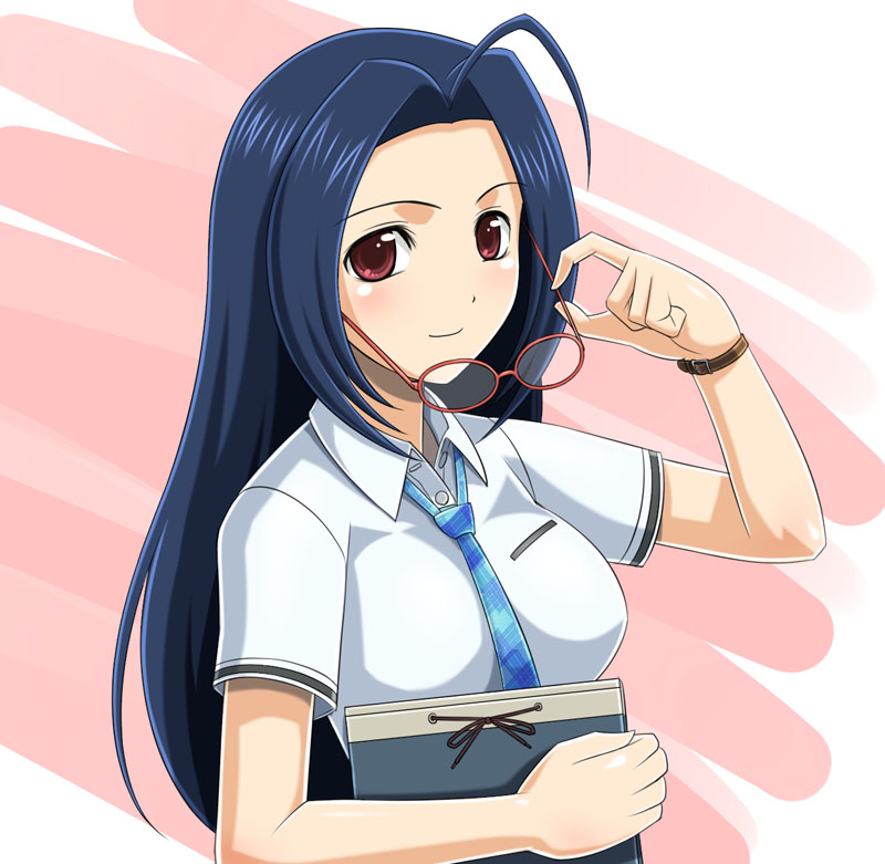 muhi11234, miura azusa, idolmaster, idolmaster (classic), 00s, adjusting eyewear, ahoge, blue hair, glasses, long hair, necktie, notebook, red eyes, rough time school, school uniform, serafuku, solo, watch, wristwatch