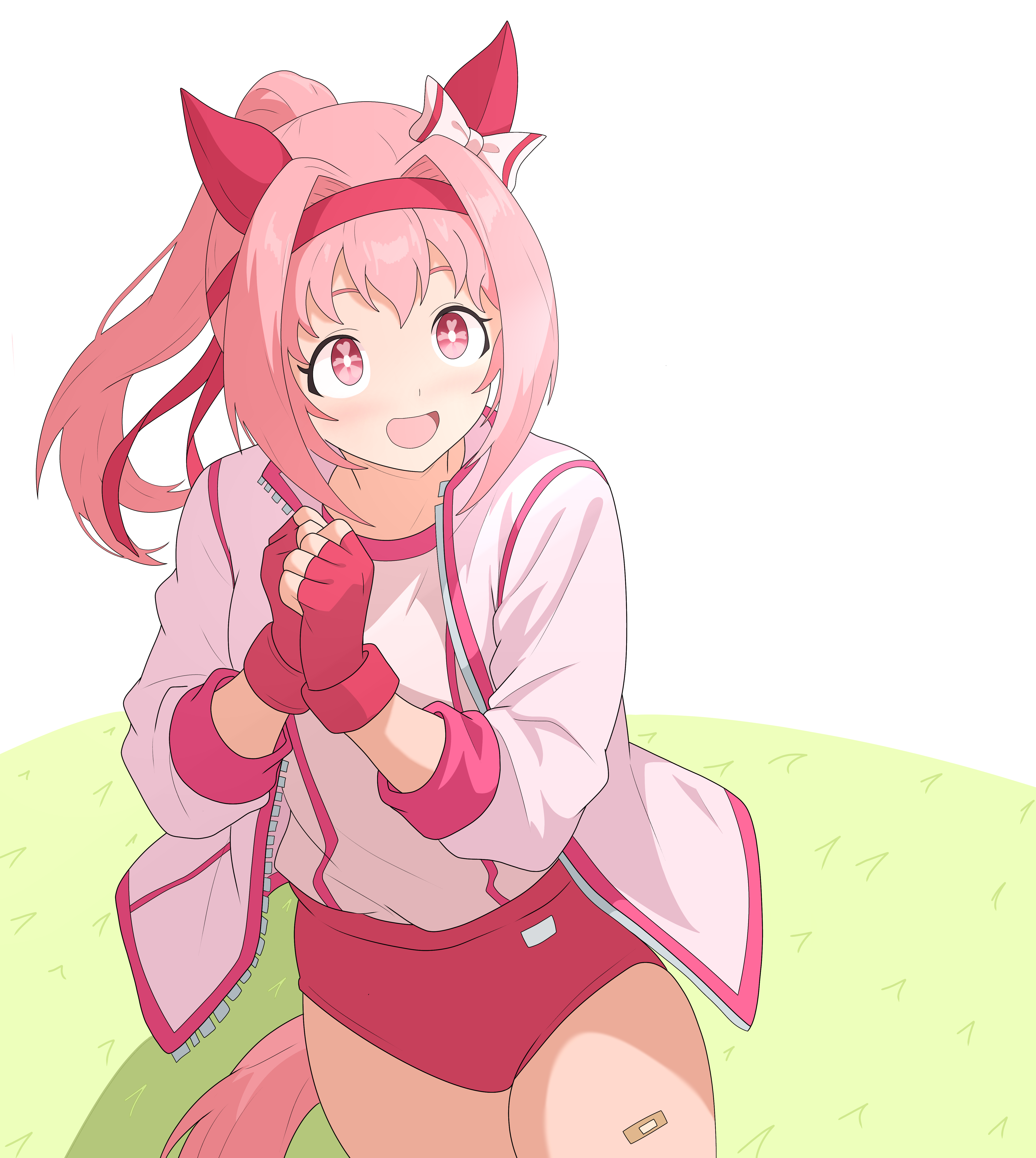 haru urara (bestest prize) (umamusume), haru urara (umamusume), reverb, umamusume, absurdres, highres, 1girl, animal ears, bandaid, bandaid on leg, bow, buruma, ear bow, ear covers, flower-shaped pupils, flower in eye, headband, horse ears, horse girl, horse tail, pink buruma, pink headband, red buruma, red headband, school uniform, shirt, symbol-shaped pupils, symbol in eye, tail, tracen school uniform, white shirt