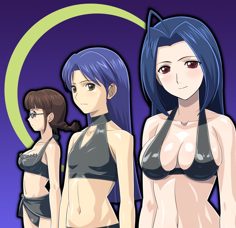 muhi11234, akizuki ritsuko, kisaragi chihaya, miura azusa, idolmaster, idolmaster (classic), idolmaster 1, 00s, 3girls, ahoge, bikini, blue hair, blush, braid, breasts, brown eyes, brown hair, choker, cleavage, frilled bikini, frills, glasses, large breasts, medium breasts, midriff, moon, multiple girls, navel, red eyes, swimsuit, twin braids