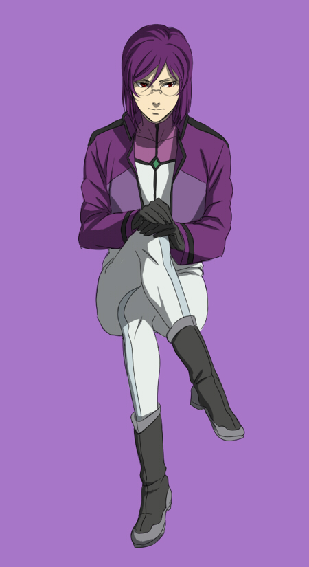 sakatsuki, tieria erde, gundam, gundam 00, bad id, bad pixiv id, 00s, 1boy, boots, full body, glasses, gloves, male focus, purple hair, solo