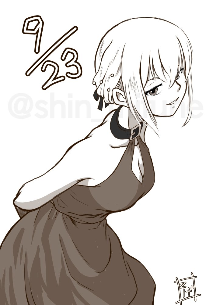 tegetege, nishikigi chisato, lycoris recoil, monogatari (series), commentary request, 1girl, arms behind back, bare shoulders, breasts, choker, collarbone, dated, dress, grin, official alternate costume, short hair, small breasts, smile, smug, solo
