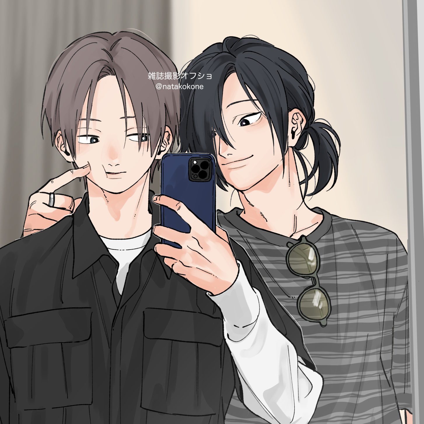 ichikura hayate, nata kokone, commentary request, highres, translation request, 2boys, black eyes, black hair, black shirt, bright pupils, brown hair, cellphone, cheek poking, closed mouth, collared shirt, cool doji danshi, eyewear hang, facing viewer, hair over one eye, hand up, holding, holding phone, igarashi motoharu, index finger raised, jewelry, long sleeves, male focus, multiple boys, one eye covered, phone, poking, ponytail, ring, shirt, short hair, smartphone, twitter username, unworn eyewear, upper body, white pupils