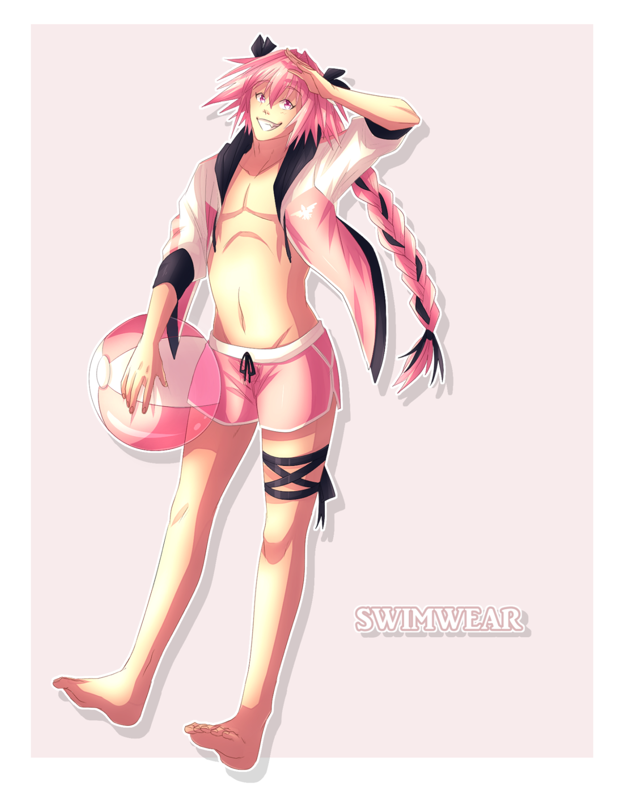 hiffuu, astolfo (fate), fate/apocrypha, fate/grand order, fate (series), highres, 1boy, androgynous, arm up, ball, beachball, black bow, black ribbon, blush, bow, braid, fang, full body, grin, hair bow, hair intakes, hair ribbon, leg ribbon, long hair, male focus, male swimwear, multicolored hair, navel, pink eyes, pink hair, pink male swimwear, pink shorts, purple eyes, ribbon, ribbon braid, short shorts, shorts, single braid, smile, solo, streaked hair, thigh ribbon