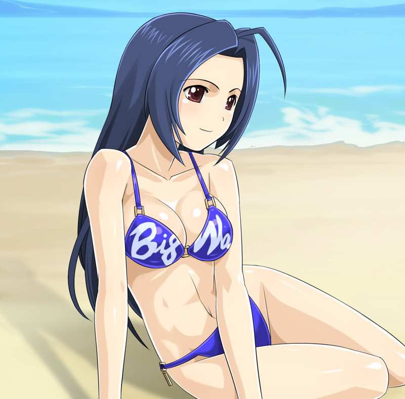 muhi11234, miura azusa, idolmaster, idolmaster (classic), idolmaster 1, 00s, 1girl, ahoge, beach, bikini, blue hair, breasts, day, female focus, long hair, medium breasts, navel, purple bikini, red eyes, sand, solo, swimsuit