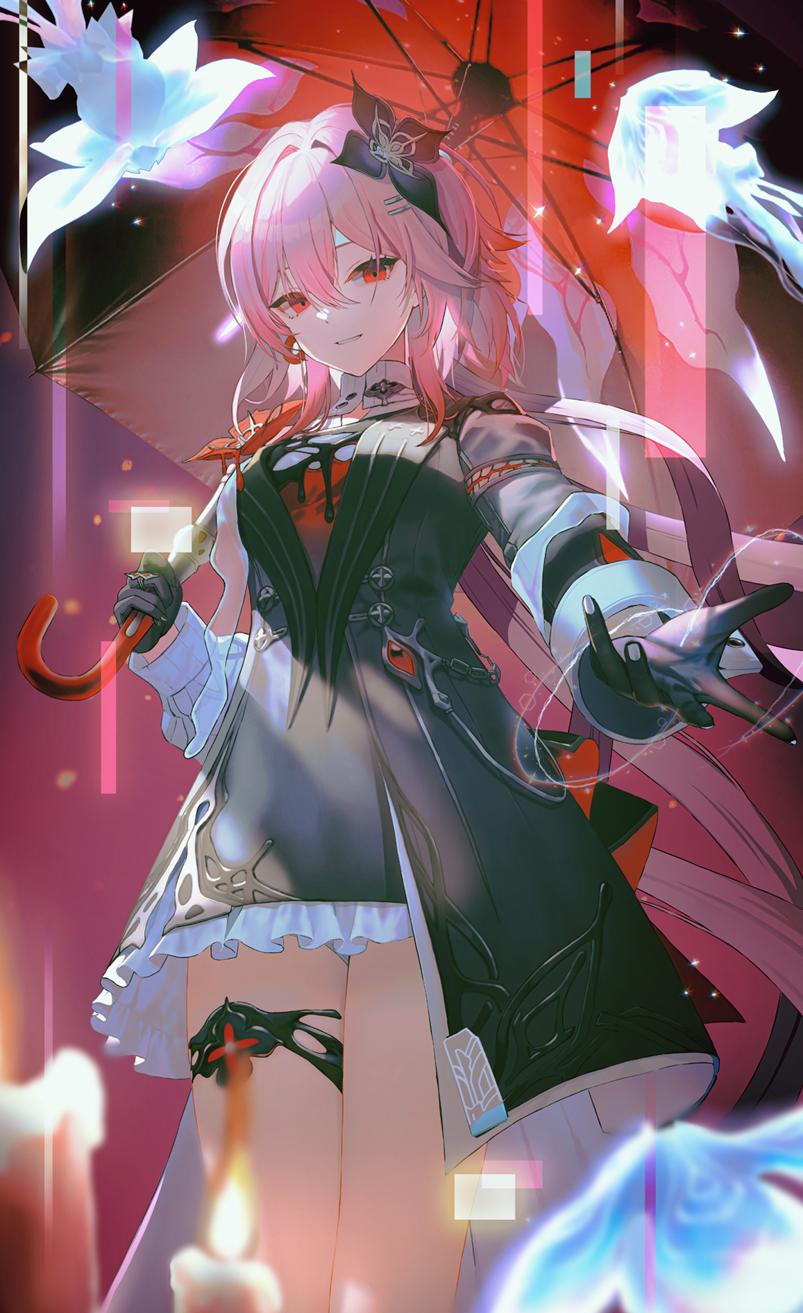 aengdohwa, evernight (honkai: star rail), march 7th (honkai: star rail), honkai: star rail, honkai (series), highres, 1girl, black gloves, dress, gloves, hair between eyes, hair ornament, holding, holding umbrella, long hair, long sleeves, looking at viewer, official alternate costume, official alternate eye color, official alternate hair length, official alternate hairstyle, parted lips, pink hair, red eyes, smile, solo, standing, umbrella