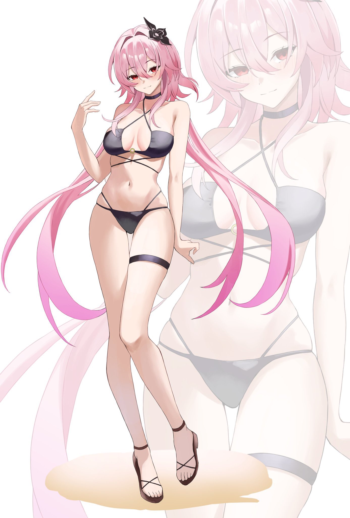 higashiwun izumi, evernight (honkai: star rail), march 7th (honkai: star rail), honkai: star rail, honkai (series), highres, 1girl, alternate costume, bikini, black bikini, black sandals, breasts, closed mouth, full body, large breasts, long hair, navel, pink hair, red eyes, sandals, simple background, smile, solo, stomach, swimsuit, white background, zoom layer