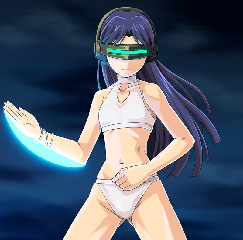 muhi11234, kisaragi chihaya, mecha chihaya, choujinki metalder, idolmaster, idolmaster (classic), metal hero, head, 00s, bikini, blue hair, bracelet, choker, cloud, head-mounted display, jewelry, laser, long hair, mecha musume, navel, solo, swimsuit, white bikini