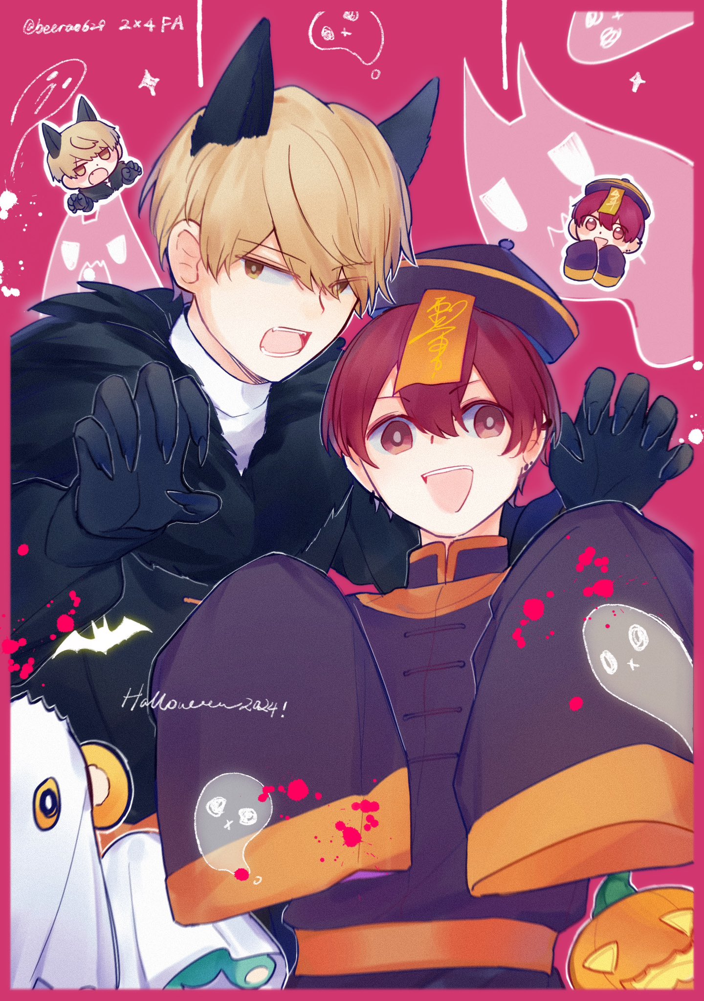 commentary, highres, 2024, 2boys, bat (animal), be (beera0629), black gloves, border, brown eyes, brown hair, claw pose, cool doji danshi, dot nose, double-parted bangs, earrings, extra ears, fangs, futami shun, ghost, gloves, halloween, halloween costume, hands up, jewelry, jiangshi, looking at viewer, male focus, mandarin collar, multiple boys, open mouth, outstretched arms, pink background, pink border, pumpkin, shiki souma, short hair, sleeves past fingers, sleeves past wrists, teeth, twitter username, upper teeth only, werewolf costume, zombie pose