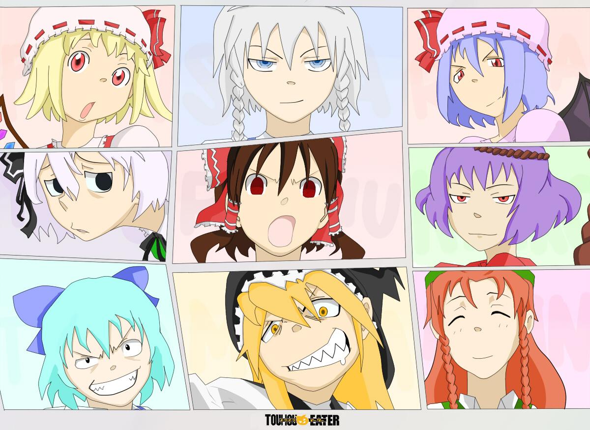 auau (kamekuro), cirno, hakurei reimu, hong meiling, izayoi sakuya, kirisame marisa, konpaku youmu, remilia scarlet, yasaka kanako, soul eater, touhou, 6+girls, blonde hair, blue hair, bow, braid, brown hair, crossover, grin, hat, multiple girls, parody, purple hair, red eyes, red hair, sharp teeth, smile, smirk, teeth, white hair, wings, witch, witch hat