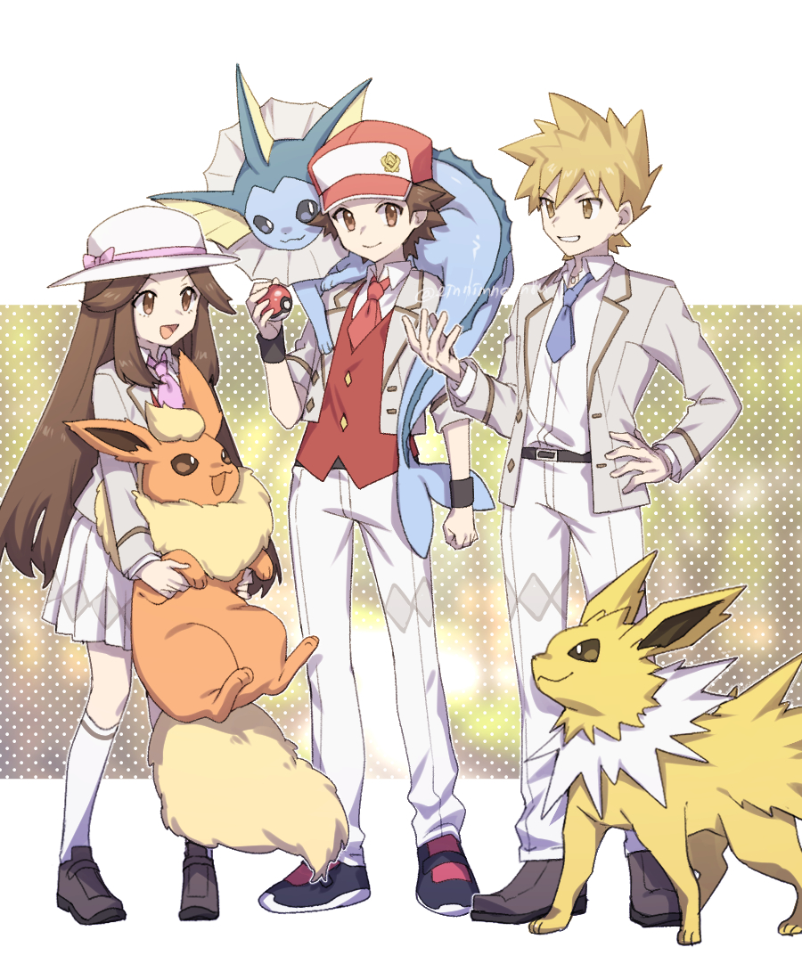 88 (einnimnech), flareon, jolteon, umbreon, nintendo, pokemon, pokemon rgby, 1girl, 2boys, brown hair, full body, gen 1 pokemon, gen 2 pokemon, group picture, hat, holding, holding poke ball, jacket, long hair, multiple boys, pants, poke ball, poke ball (basic), pokemon (creature), red hat, red vest, shirt, short hair, vest, white hat, white jacket, white pants, white shirt