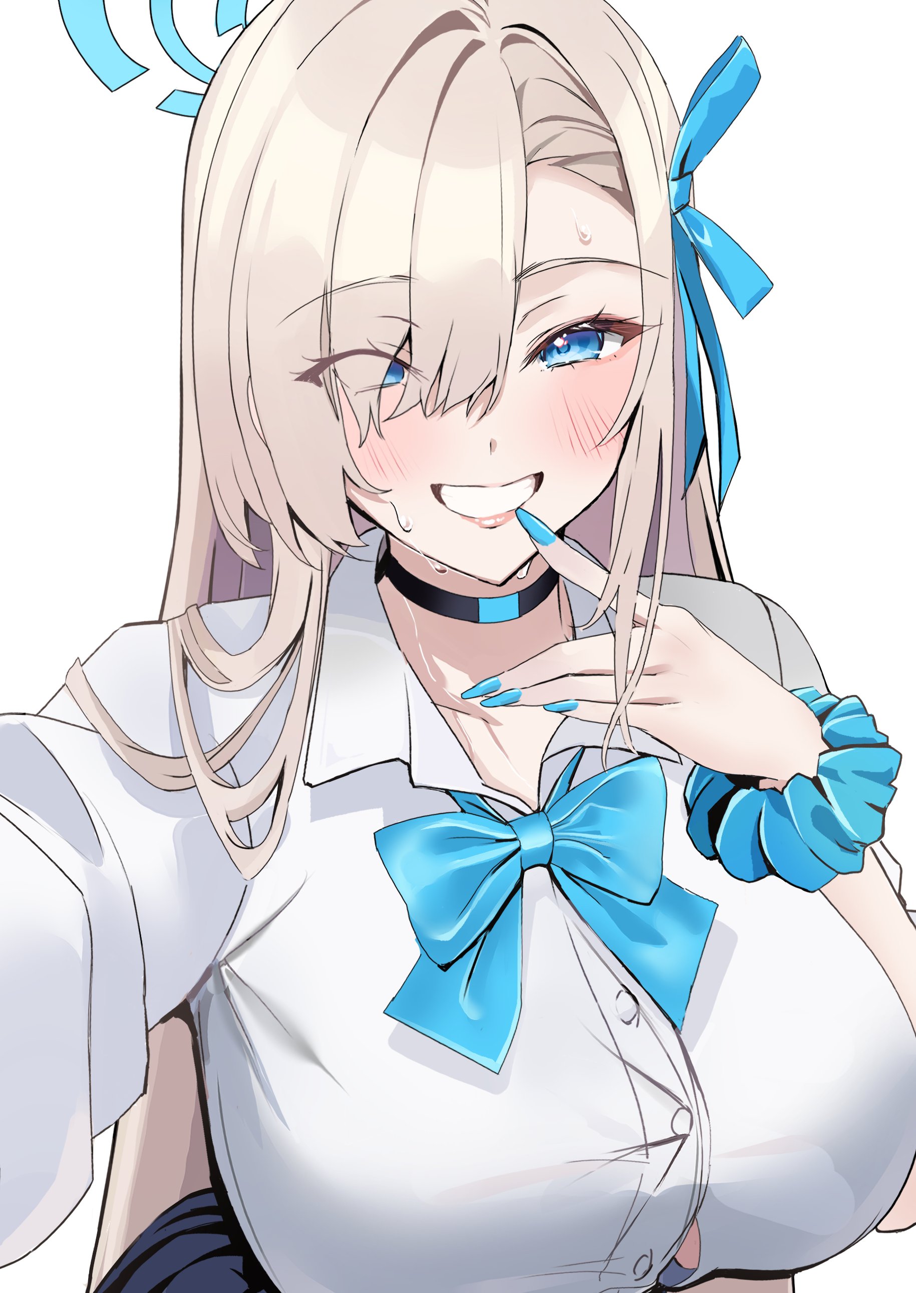 nakano kura, asuna (blue archive), asuna (school uniform) (blue archive), blue archive, absurdres, highres, 1girl, blonde hair, blue bow, blue bowtie, blue eyes, blue halo, blue ribbon, blush, bow, bowtie, breasts, button gap, choker, collarbone, collared shirt, grin, hair over one eye, hair ribbon, halo, large breasts, long hair, ribbon, school uniform, scrunchie, shirt, sleeves rolled up, smile, solo, very long hair, white shirt, wrist scrunchie