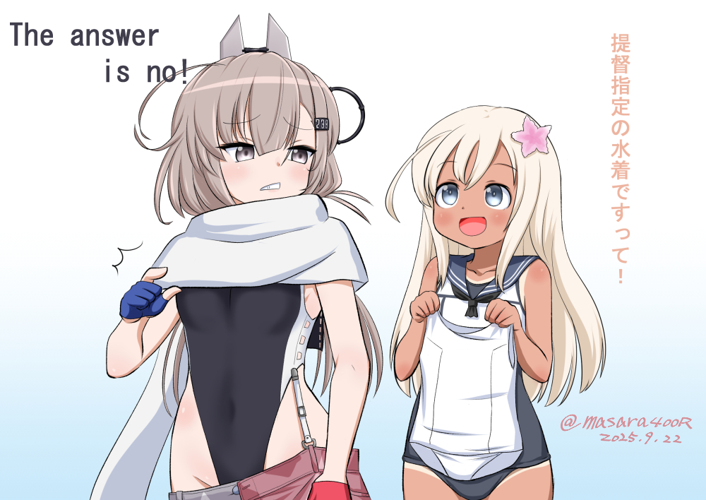 masara (chuujou), ro-500 (kancolle), wahoo (kancolle), kantai collection, commentary, commentary request, english commentary, translation request, 2girls, american flag, american flag print, asymmetrical gloves, black neckerchief, black one-piece swimsuit, blonde hair, blue background, blue eyes, blue sailor collar, dark-skinned female, dark skin, dated, denim, denim skirt, flag print, flower, gloves, grey eyes, grey hair, hair flower, hair ornament, headgear, highleg, highleg one-piece swimsuit, holding, holding swimsuit, holding unworn clothes, long hair, mismatched gloves, multiple girls, neckerchief, one-hour drawing challenge, one-piece swimsuit, one-piece tan, partially fingerless gloves, print skirt, sailor collar, sailor shirt, scarf, school swimsuit, shirt, skirt, sleeveless, sleeveless shirt, super highleg, swimsuit, tan, tanline, twitter username, two-tone one-piece swimsuit, unworn swimsuit, white scarf