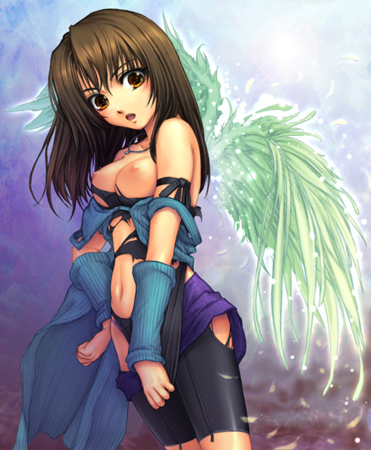 yoko juusuke, rinoa heartilly, final fantasy, final fantasy viii, square enix, bad id, bad pixiv id, 1990s (style), 1girl, angel wings, bike shorts, breasts, brown hair, detached sleeves, feathers, female focus, jewelry, long hair, navel, necklace, nipples, open mouth, orange eyes, retro artstyle, solo, torn clothes, wings, yellow eyes