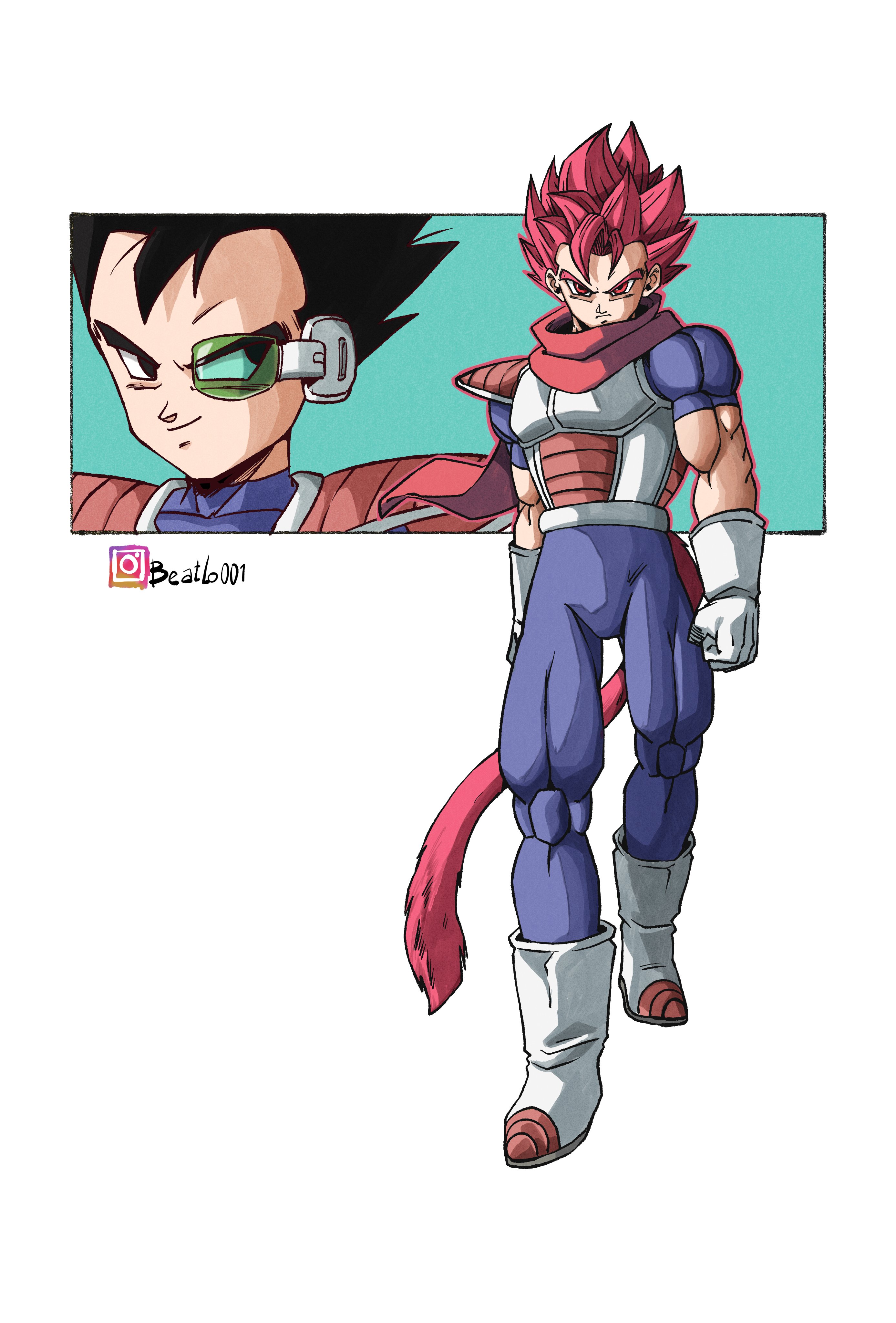 tarble, dragon ball, dragonball z, absurdres, commentary, english commentary, highres, 1boy, alternate form, alternate hair color, armor, beatlo (rodrigo38658978), black eyes, black hair, blue bodysuit, bodysuit, boots, full body, gloves, instagram username, monkey tail, muscular, muscular male, red eyes, red hair, red tail, saiyan armor, short hair, simple background, solo focus, spiked hair, super saiyan, super saiyan god, tail, white armor, white background, white boots, white gloves