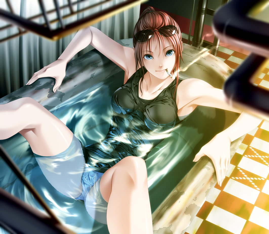 rezi, original, bad id, bad pixiv id, 1girl, armpits, bath, bathing, bathtub, blue eyes, checkered floor, cigarette, eyewear on head, female focus, floor, from above, legs, lips, lying, mouth hold, outstretched arms, panties, pantyshot, perspective, ponytail, reclining, red hair, smile, smoking, solo, spread arms, spread legs, submerged, sunglasses, tank top, thighs, underwear, water, wet, wet clothes