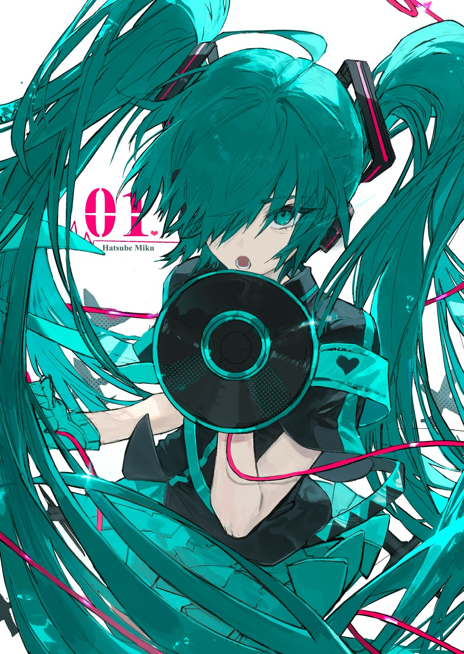 kaiaik (zheliakaina), hatsune miku, koi wa sensou (vocaloid), vocaloid, commentary request, highres, 1girl, ahoge, aqua armband, aqua dress, aqua eyes, aqua hair, armband, black shirt, character name, collared shirt, dress, english text, engrish text, hair over one eye, holding, holding megaphone, long hair, looking at viewer, megaphone, open mouth, ranguage, shirt, short sleeves, solo, twintails, typo, very long hair