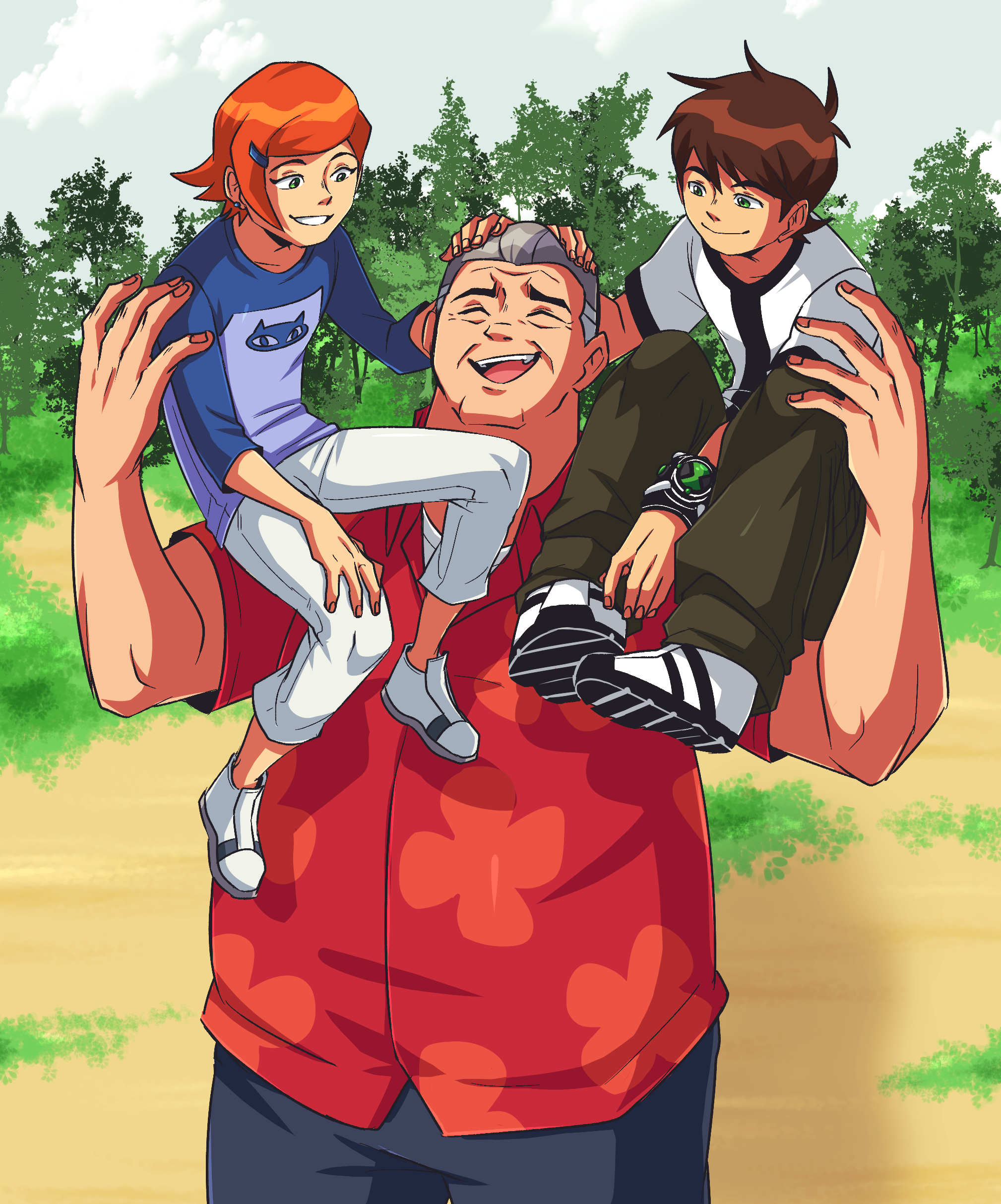 hiffuu, ben tennyson, gwen tennyson, max tennyson, ben 10, absurdres, highres, 1girl, 2boys, brown hair, cargo pants, closed mouth, cowboy shot, grandfather and granddaughter, grandfather and grandson, green eyes, grey hair, hawaiian shirt, multiple boys, omnitrix, orange hair, outdoors, pants, red shirt, shirt, short hair, sitting on shoulder, smile, teeth, upper teeth only