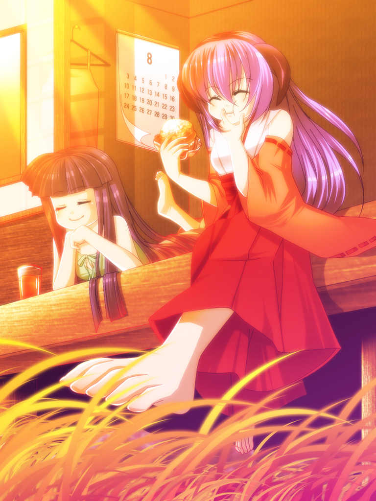 nannore, furude rika, hanyuu, higurashi no naku koro ni, bad id, bad pixiv id, 00s, 2girls, barefoot, blue hair, closed eyes, cream puff, eating, feet, female focus, food, foot focus, grass, hakama, hakama skirt, horns, japanese clothes, juice, miko, multiple girls, orange juice, pastry, purple hair, red hakama, skirt, smile, sunset