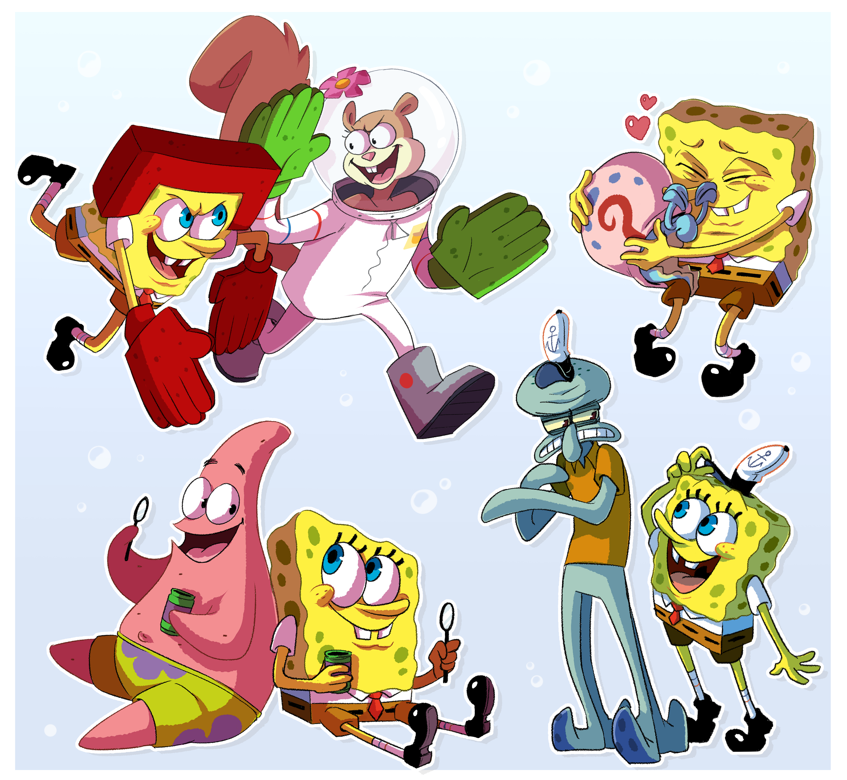hiffuu, patrick star, sandy cheeks, spongebob squarepants, squidward tentacles, spongebob squarepants (series), absurdres, highres, 1girl, 3boys, animal, animal hug, annoyed, blowing bubbles, buck teeth, gary the snail, multiple boys, octopus boy, snail, starfish, teeth