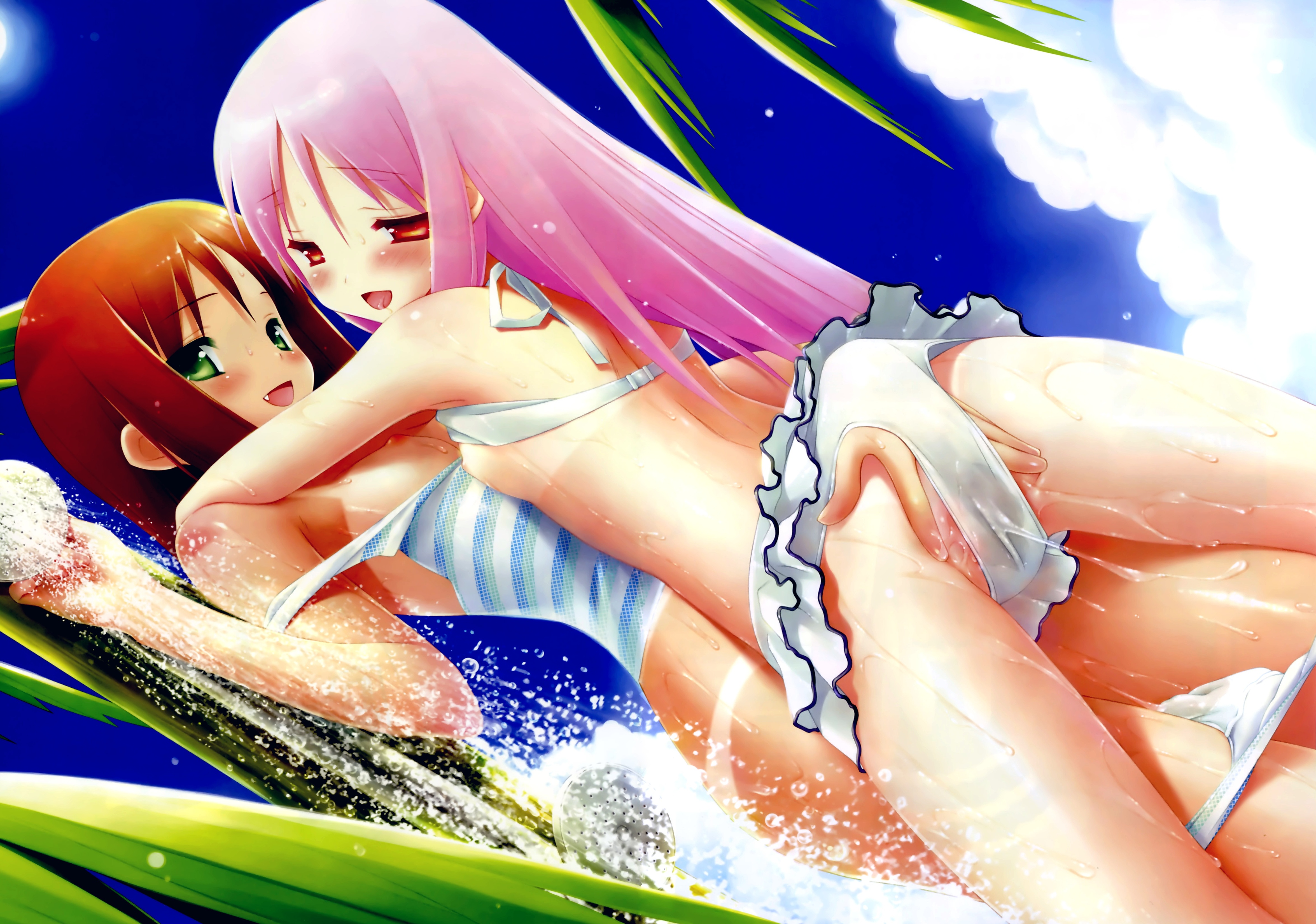 gayarou, himemiya ruri, hoshino erika, cuffs (company), garden (game), absurdres, highres, 2girls, bikini, bikini pull, bikini tan, bikini top lift, blush, breasts, brown hair, clothes lift, clothes pull, cloud, day, dutch angle, fang, fingering, flat chest, frilled bikini, frills, green eyes, hand under clothes, hand under swimsuit, kodomo doushi, loli, long hair, looking at viewer, multiple girls, naughty face, nipples, open mouth, outdoors, palm tree, pink hair, pussy juice, red eyes, shirt tan, short hair, showering, sky, smile, spread pussy, spread pussy under clothes, strap slip, sun, swimsuit, tan, tankini, tanline, tree, water, wet, yuri
