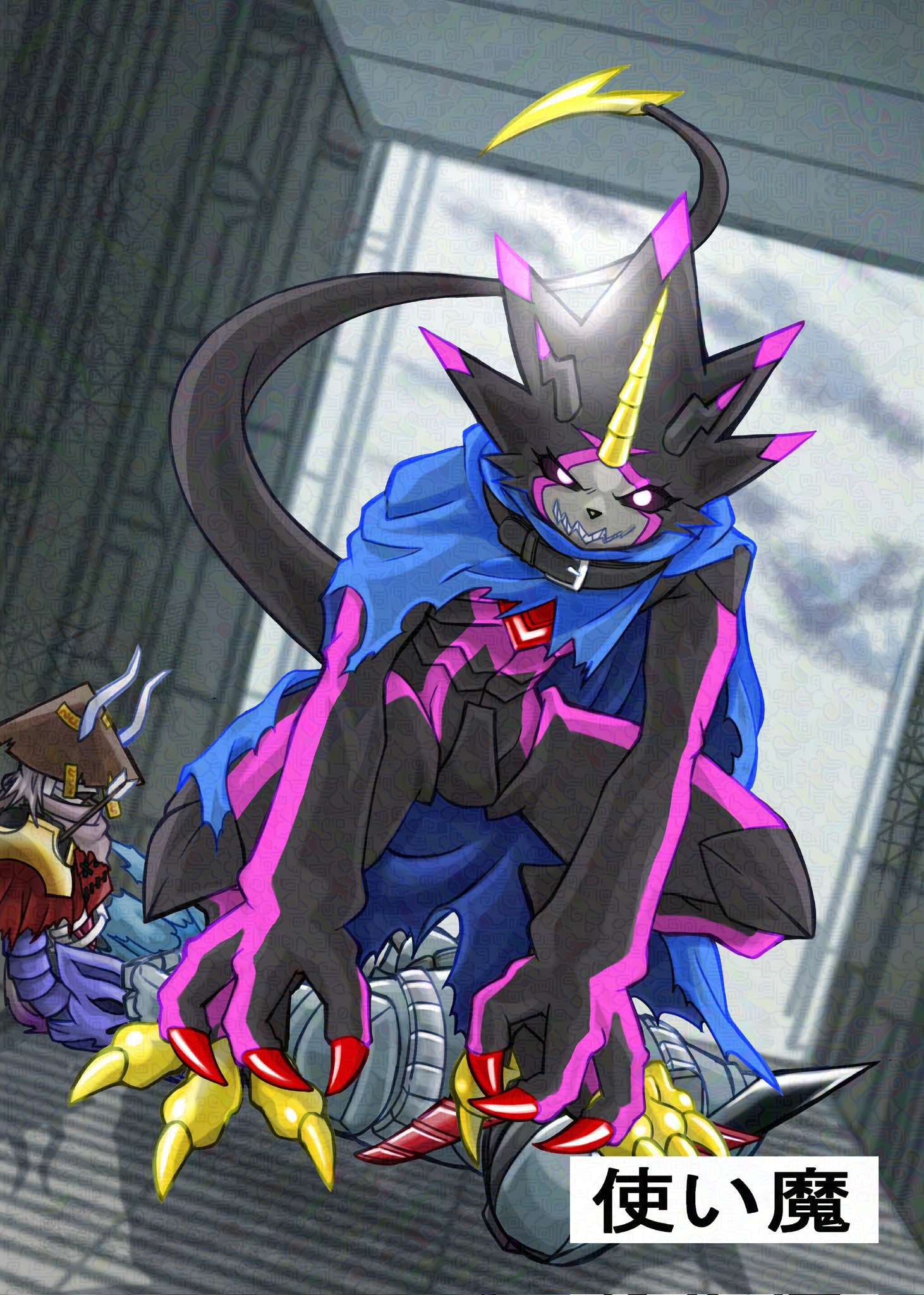 tsukaima (vfcou), gulusgammamon, oboromon, digimon, digimon ghost game, highres, black sclera, blue cape, blurry, blurry background, cape, colored sclera, dragon, horns, purple eyes, sharp teeth, single horn, solo focus, standing, teeth