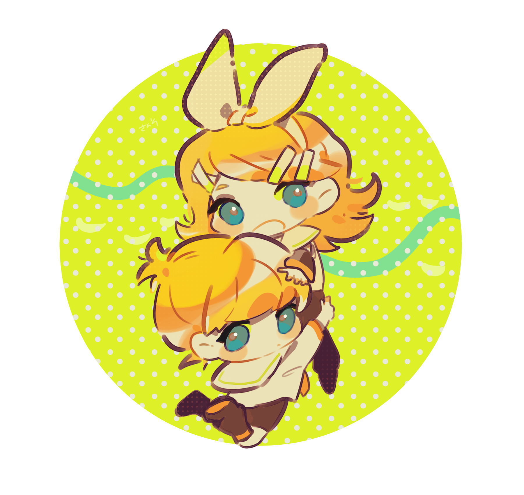 mawarusanso, kagamine len, kagamine rin, vocaloid, commentary request, highres, 1boy, 1girl, black shoes, black shorts, blonde hair, blue eyes, brother and sister, chibi, chibi only, full body, hair ornament, hairclip, shoes, shorts, siblings