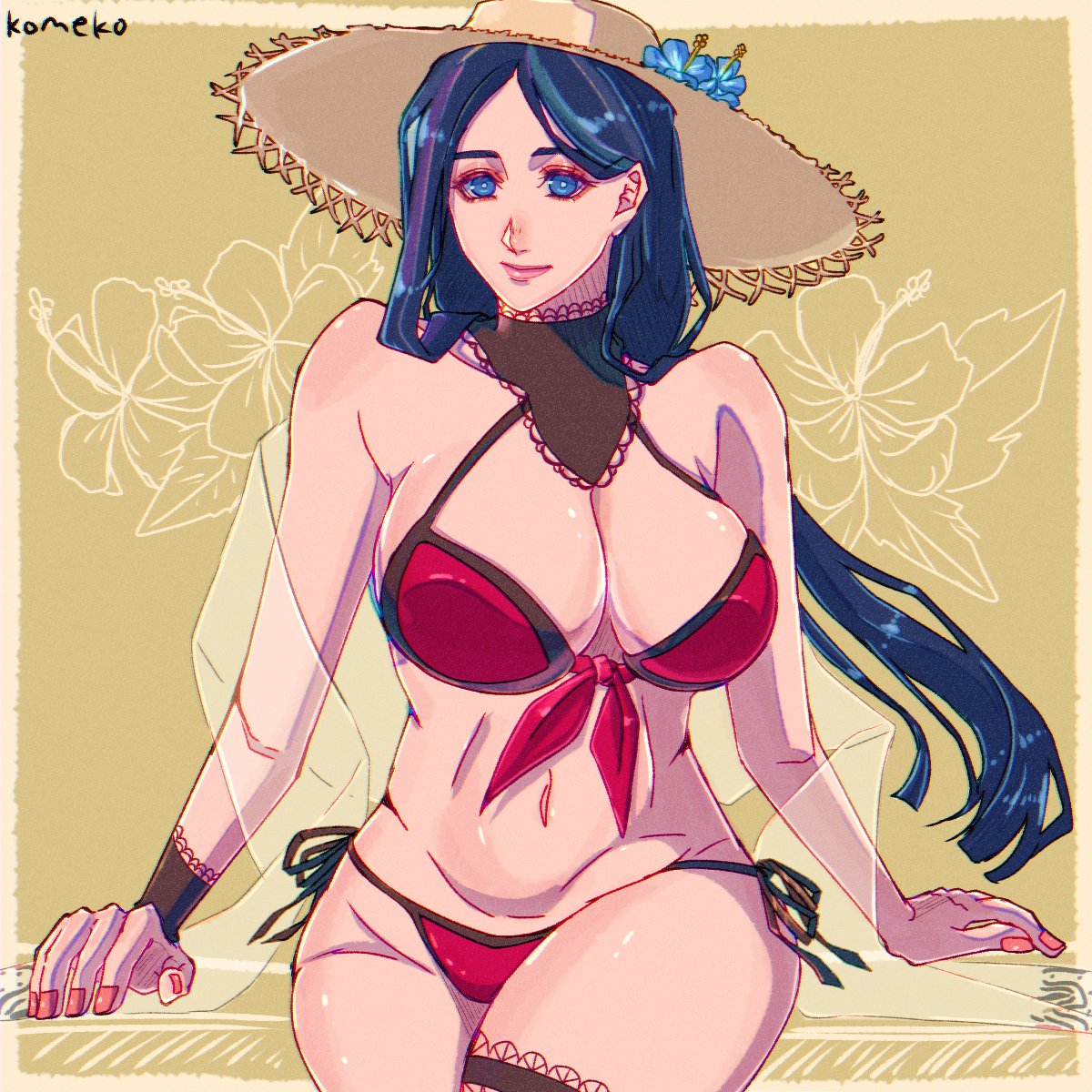 komeko (strikek-lvvjm27), unohana retsu, bleach, bleach: brave souls, highres, 1girl, bare shoulders, bikini, black hair, blue eyes, breasts, cleavage, front-tie bikini top, front-tie top, groin, hat, large breasts, long hair, navel, official alternate costume, parted bangs, ponytail, red bikini, see-through scarf, side-tie bikini bottom, sitting, smile, solo, straw hat, sun hat, swimsuit, thighs