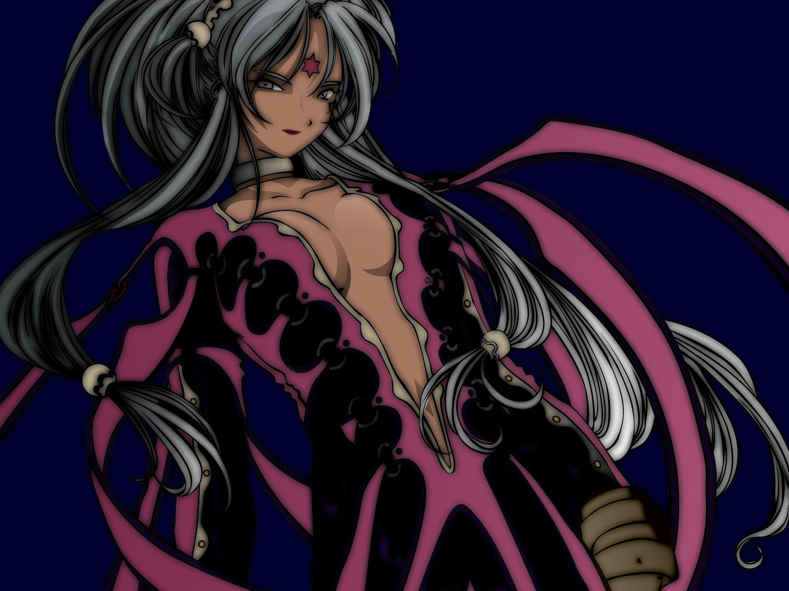 eyebrows, artist request, character request, copyright request, highres, tagme, 1girl, ahoge, blue background, breasts, buttons, cleavage, collar, collarbone, dutch angle, female focus, grey hair, hairband, jacket, leather, leather jacket, lips, navel, solo, star (symbol)