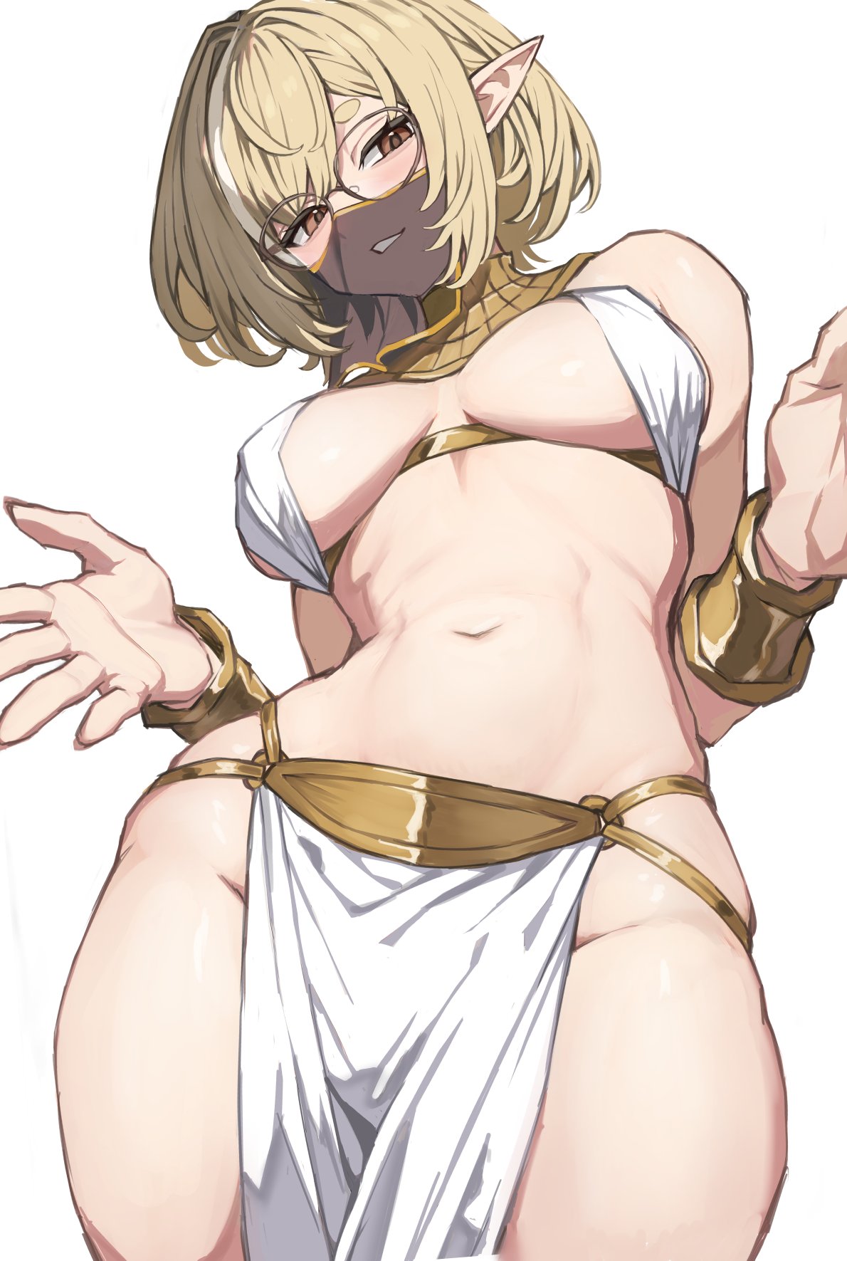 torisanff14, kanna yanagi, glitch stars, commentary, highres, 1girl, ancient egyptian clothes, bare shoulders, bikini, blonde hair, bracelet, breasts, breasts apart, brown-framed eyewear, brown eyes, cowboy shot, glasses, grin, jewelry, looking at viewer, medium breasts, mouth veil, multicolored hair, navel, pelvic curtain, pointy ears, short hair, sidelocks, simple background, sling bikini top, smile, solo, stomach, streaked hair, swimsuit, thick eyebrows, thighs, usekh collar, veil, virtual youtuber, white background, white bikini
