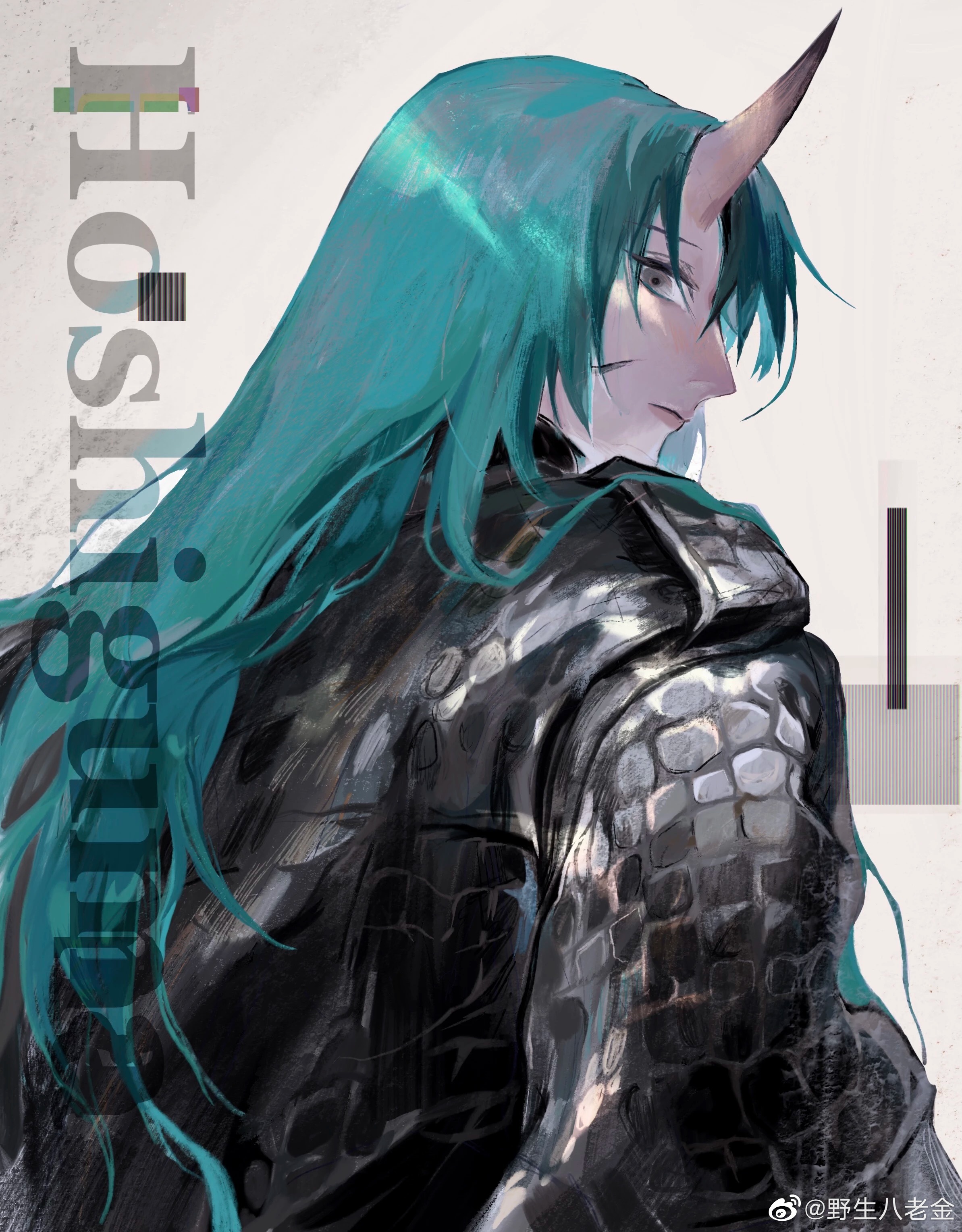 guaili bajin, hoshiguma (arknights), arknights, absurdres, highres, 1girl, black jacket, character name, closed mouth, from side, green hair, grey background, horns, jacket, leather, leather jacket, long hair, long sleeves, looking at viewer, looking back, single horn, solo, upper body, very long hair, white background