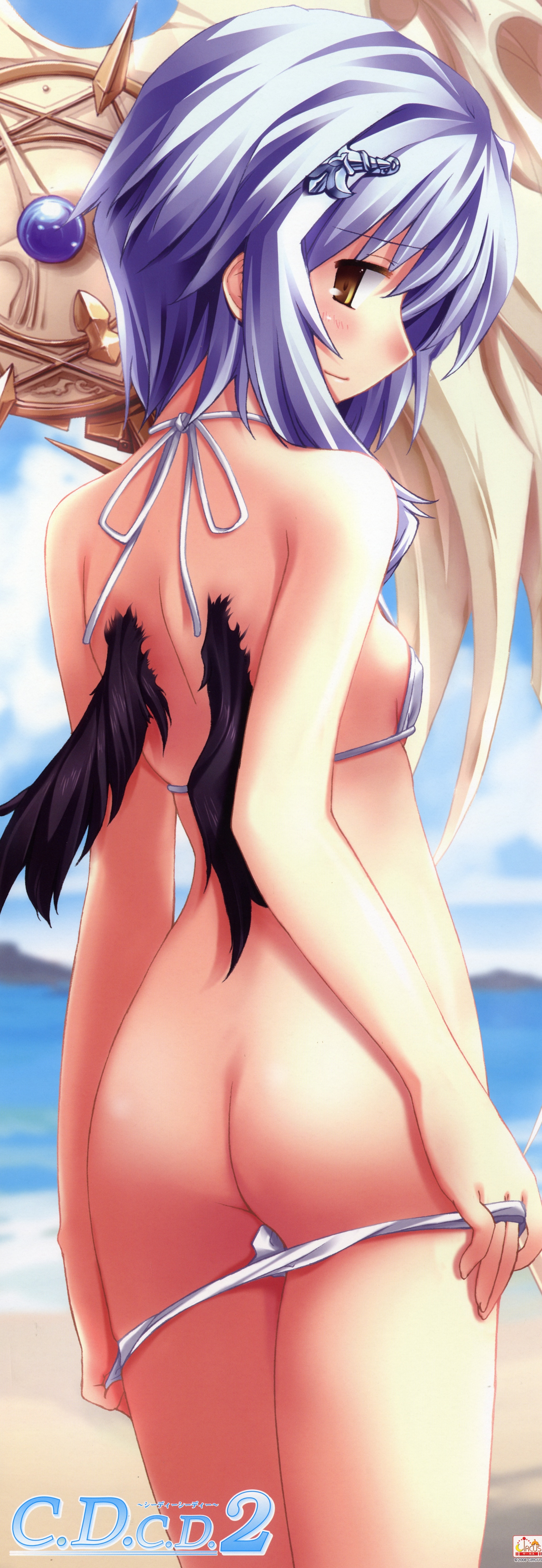 eternal fantasy, absurdres, highres, long image, tall image, 1girl, ass, back, beach, bikini, bikini pull, black wings, blue hair, blush, clothes pull, looking back, ocean, one-piece swimsuit pull, pulling own clothes, purple hair, short hair, stick poster, swimsuit, wings