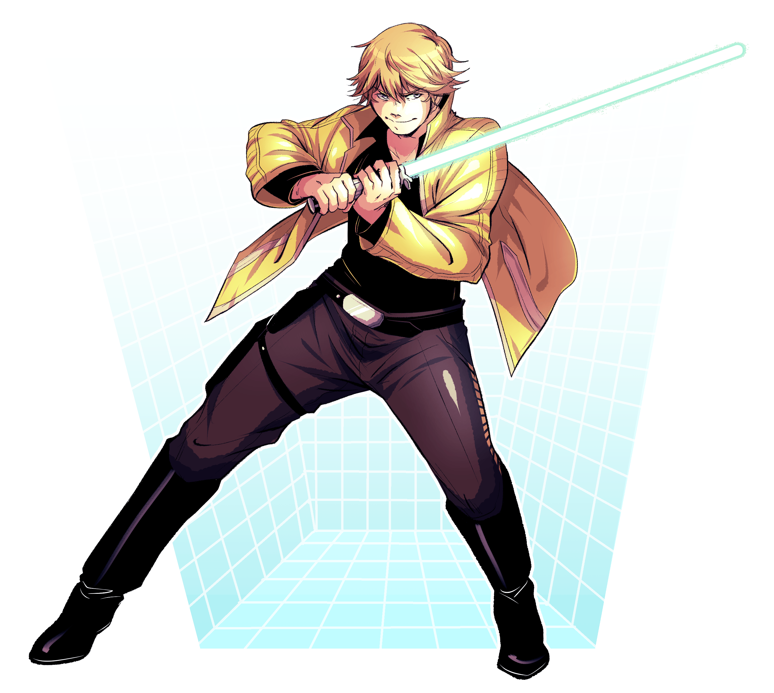 hiffuu, luke skywalker, star wars, absurdres, highres, 1boy, black pants, blonde hair, closed mouth, energy sword, full body, green lightsaber, holding, holding sword, holding weapon, jacket, lightsaber, pants, short hair, sword, weapon, yellow jacket