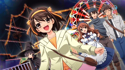 asahina mikuru, koizumi itsuki, kyon, nagato yuki, suzumiya haruhi, suzumiya haruhi no yuuutsu, jpeg artifacts, lowres, non-web source, 00s, 2boys, 3girls, carnival, maid, multiple boys, multiple girls, witch
