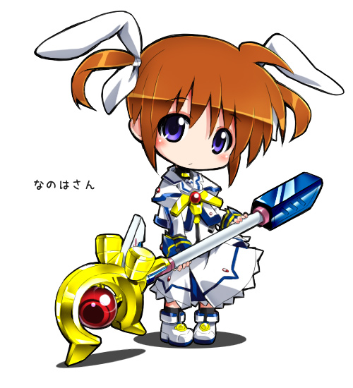 izuno kenta, raising heart, raising heart (device mode) (1st), takamachi nanoha, takamachi nanoha (movie 1st mode), lyrical nanoha, mahou shoujo lyrical nanoha, mahou shoujo lyrical nanoha the movie 1st, translation request, 10s, 1girl, blue eyes, blush, boots, brown hair, chibi, female focus, hair ribbon, ribbon, short twintails, solo, staff, twintails