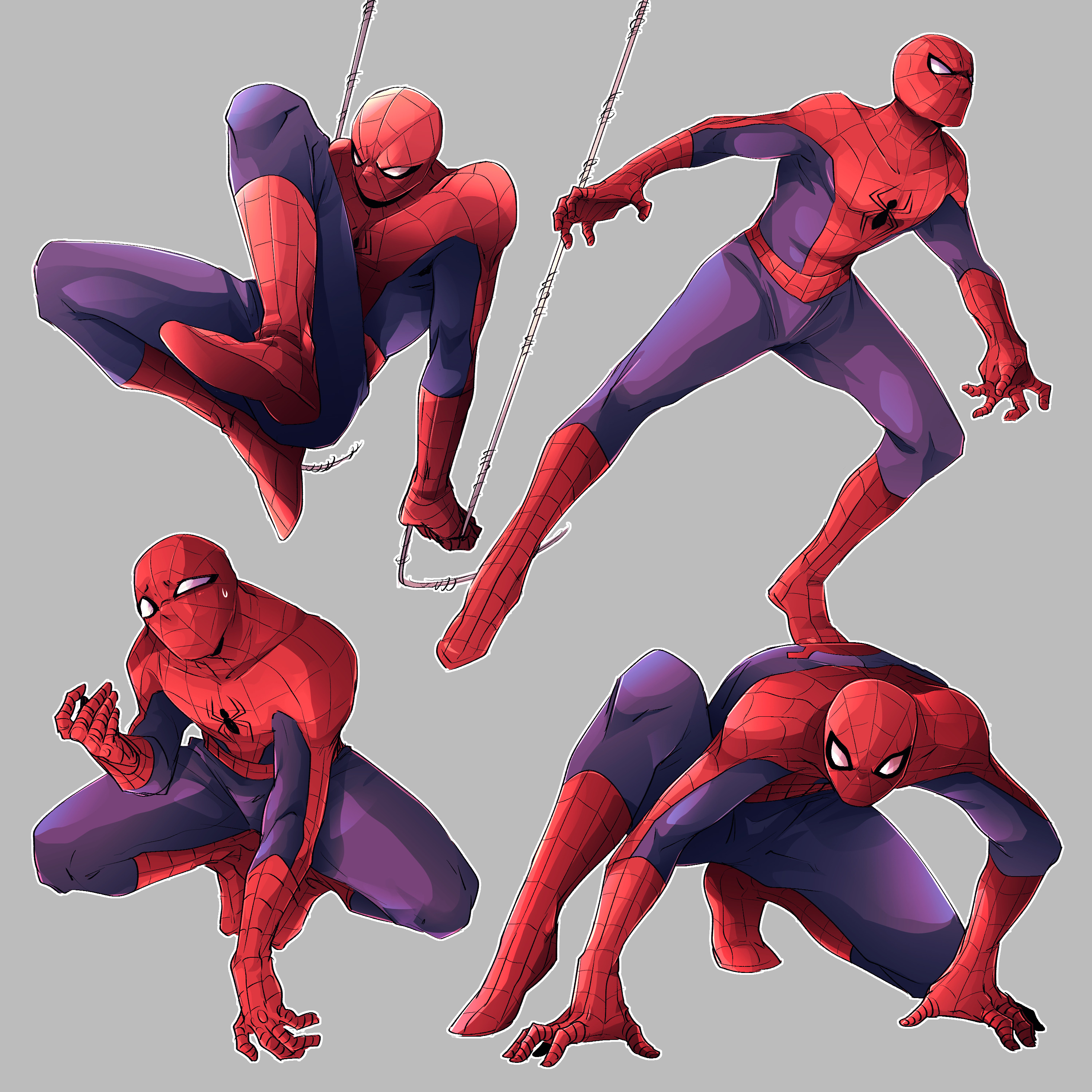 hiffuu, spider-man, marvel, spider-man (series), absurdres, highres, 1boy, animal print, blank eyes, bodysuit, grey background, male focus, mask, outline, red bodysuit, simple background, spider print, spider web print, superhero costume, toned, toned male, two-tone bodysuit, white eyes, white outline