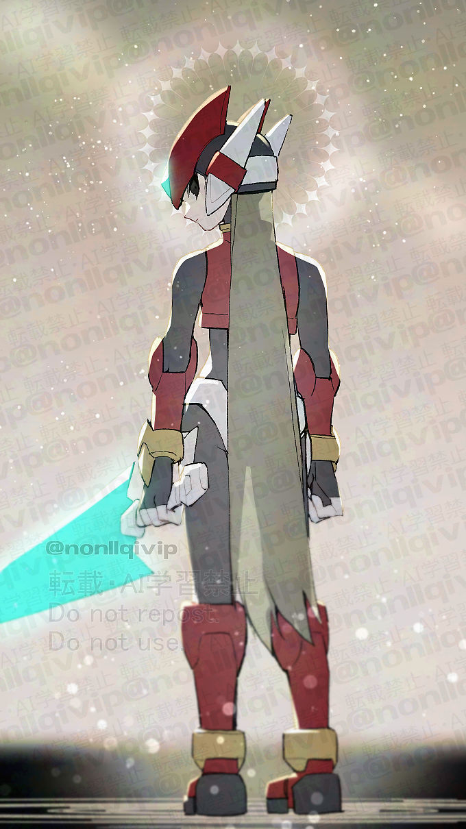 yamanashi taiki, zero(z) (mega man), zero (mega man), mega man (series), mega man zero (series), highres, 1boy, armor, black eyes, energy sword, forehead jewel, from behind, full body, helmet, holding, holding sword, holding weapon, looking at viewer, looking back, male focus, red armor, red helmet, solo, sword, watermark, weapon, z saber