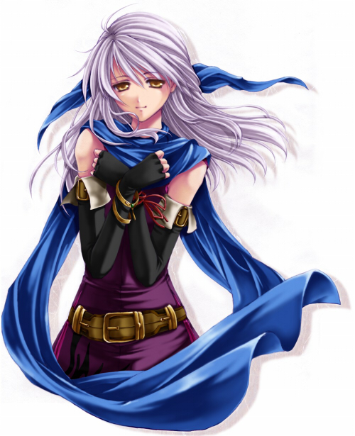 hagiwara rin, micaiah (fire emblem), fire emblem, fire emblem: radiant dawn, nintendo, silver hair, 1girl, bare shoulders, belt, black gloves, blue scarf, bracelet, dress, elbow gloves, female focus, fingerless gloves, gloves, hair ribbon, jewelry, long hair, pink hair, ribbon, scarf, simple background, sleeveless, sleeveless dress, smile, solo, yellow eyes