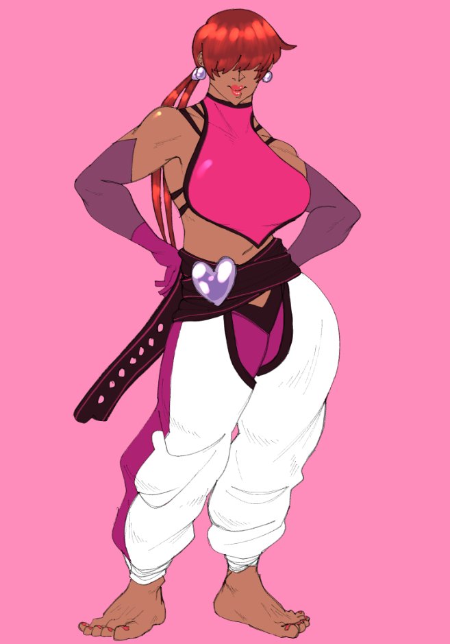 shermie (kof), the king of fighters, 1girl, barefoot, breasts, curvy, earrings, feet, female focus, gloves, heart, huge breasts, jewelry, large breasts, long hair, pants, ponytail, red hair, smile, standing, thick thighs, thighs, twintails, wide hips