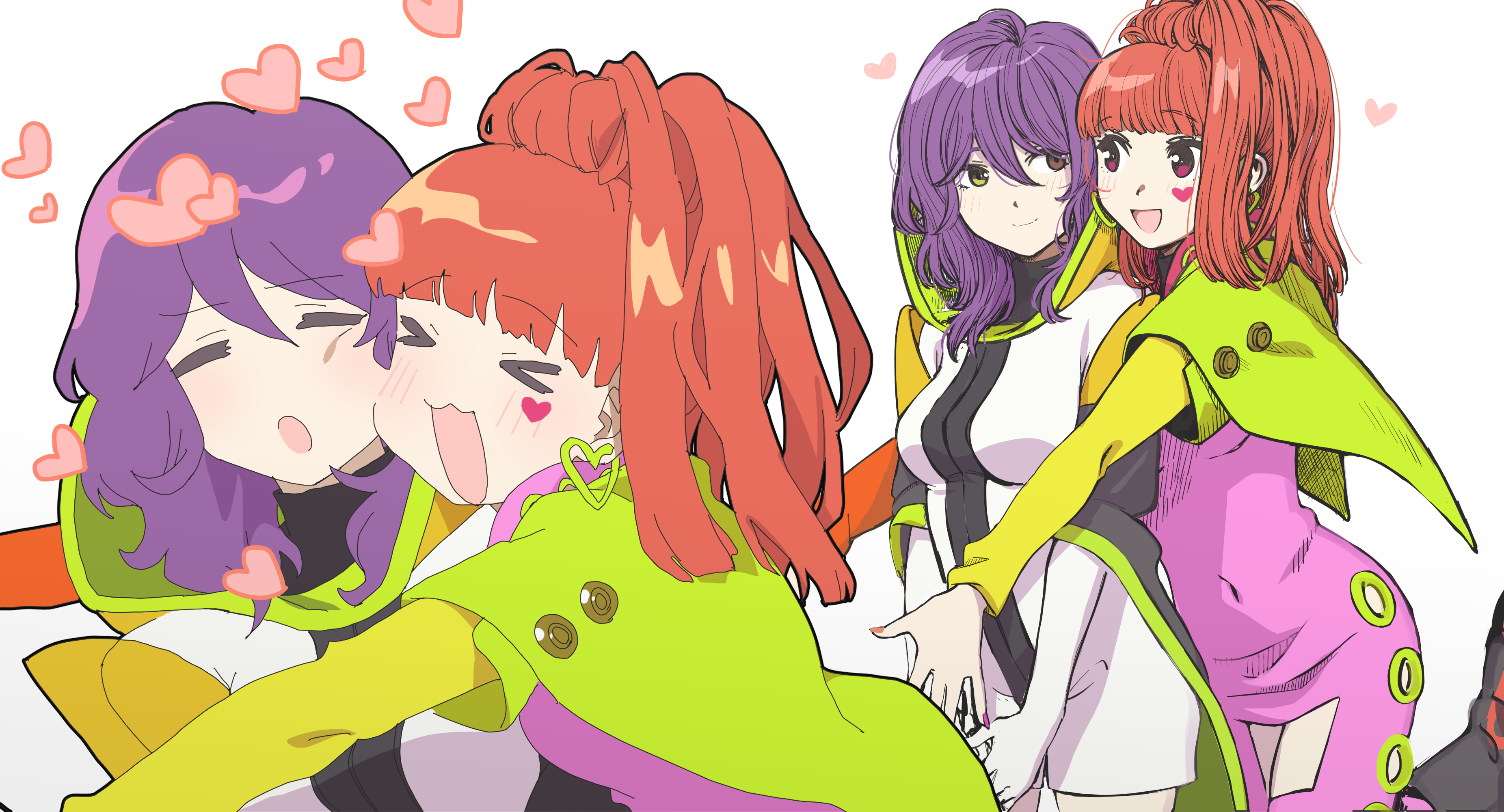 sabiiiii, gina (gnosia), sq (gnosia), gnosia, absurdres, highres, 2girls, closed mouth, gloves, hair between eyes, heterochromia, hood, hoodie, hug, long hair, long sleeves, looking at viewer, multiple girls, purple hair, simple background, smile, upper body, wavy hair