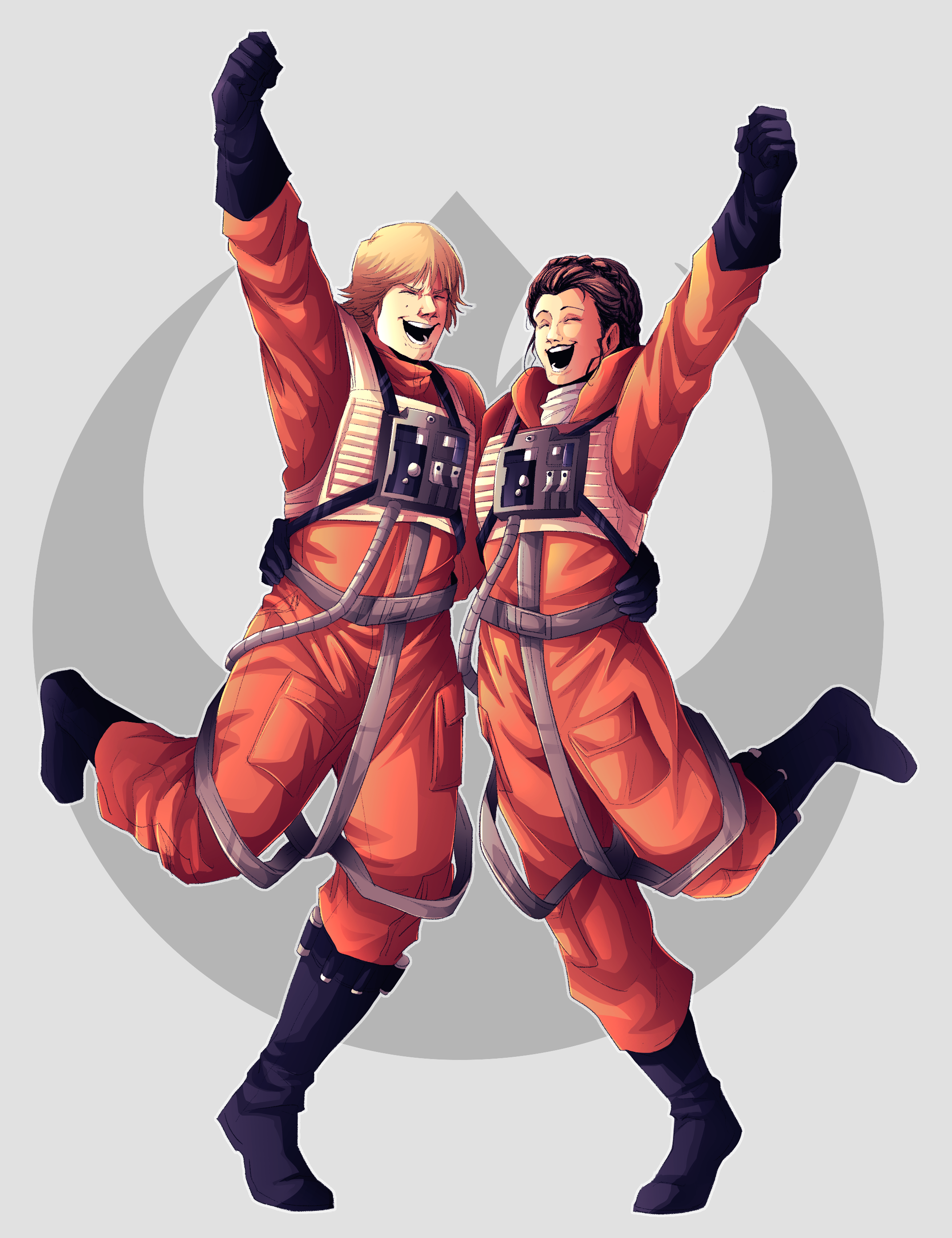 hiffuu, luke skywalker, princess leia, star wars, absurdres, highres, black boots, black gloves, blonde hair, boots, brown hair, celebration, closed eyes, full body, gloves, grin, happy, hug, jumpsuit, leg up, orange jumpsuit, short hair, smile, spacesuit